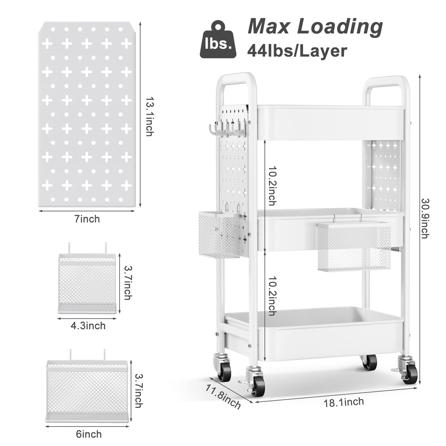 3 Tier Rolling Cart Metal with DIY Pegboard, White Rolling Cart on Wheels for Art Supply Organizer, Three Tiered Craft Organizers and Storage Cart, Utility Hobby Carts for Baby Diaper Caddy,Nail,Book