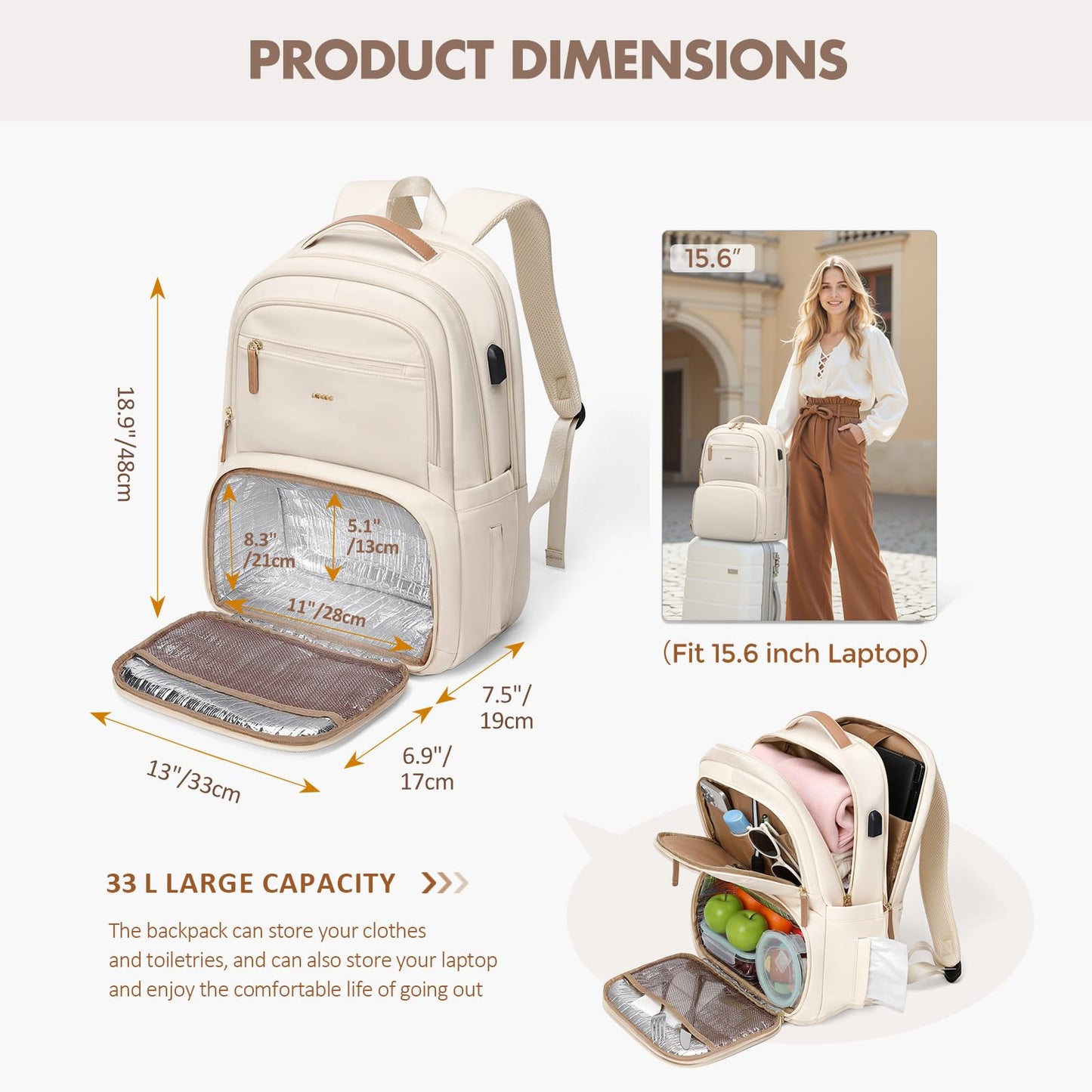 MDODO Lunch Backpack for Women Men,15.6Inch Insulated Lunch Box Backpack with USB Charging Port, Diaper Laptop Back pack for Travel Picnic Work Teacher Nurse,Beige