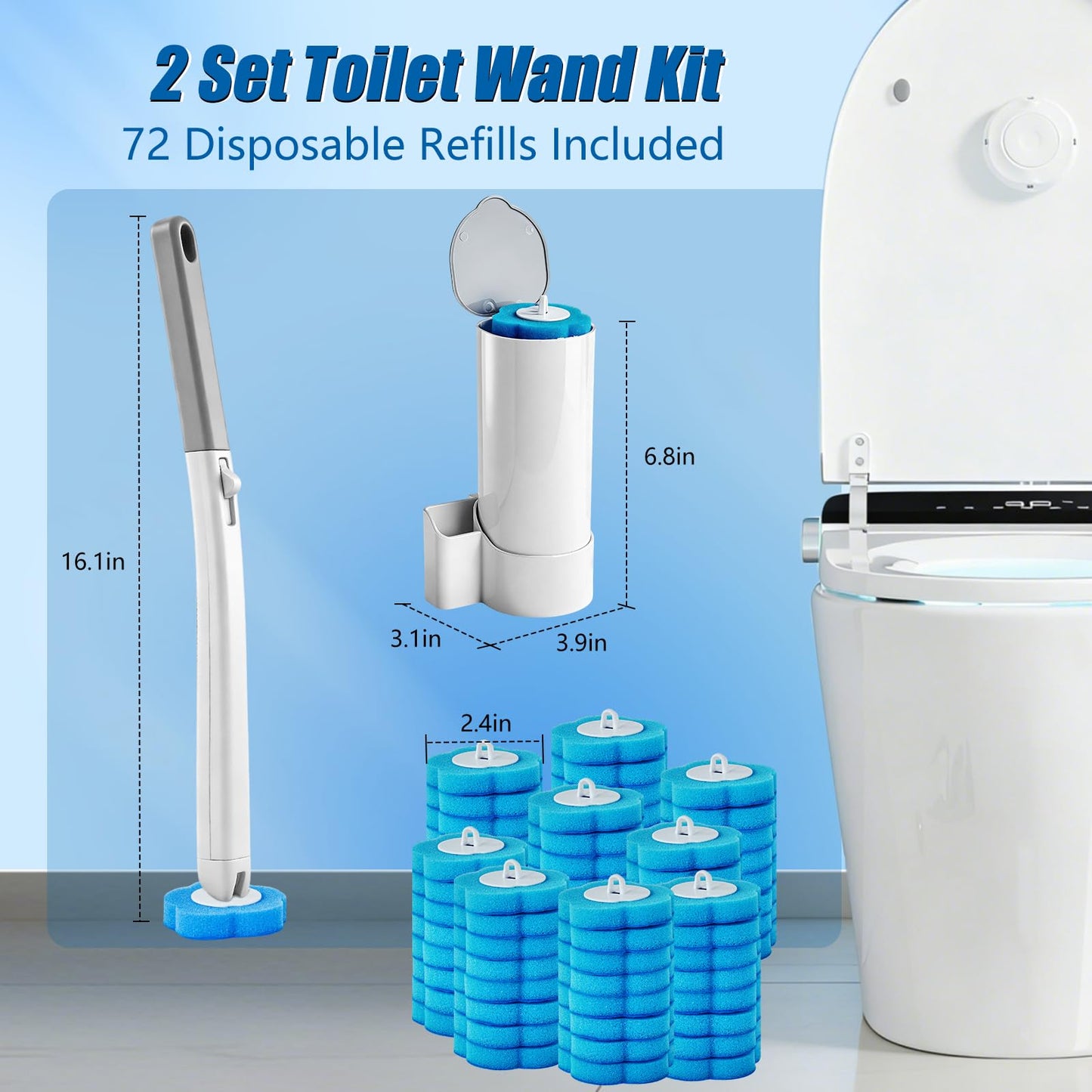 Disposable Toilet Brush and Holder Set, 2 Pack Toilet Wand Kit with 72 Refills, Wall Mounted Toilet Bowl Cleaner System Kit, Toilet Scrubber for Bathroom Cleaning Sink Bathtub