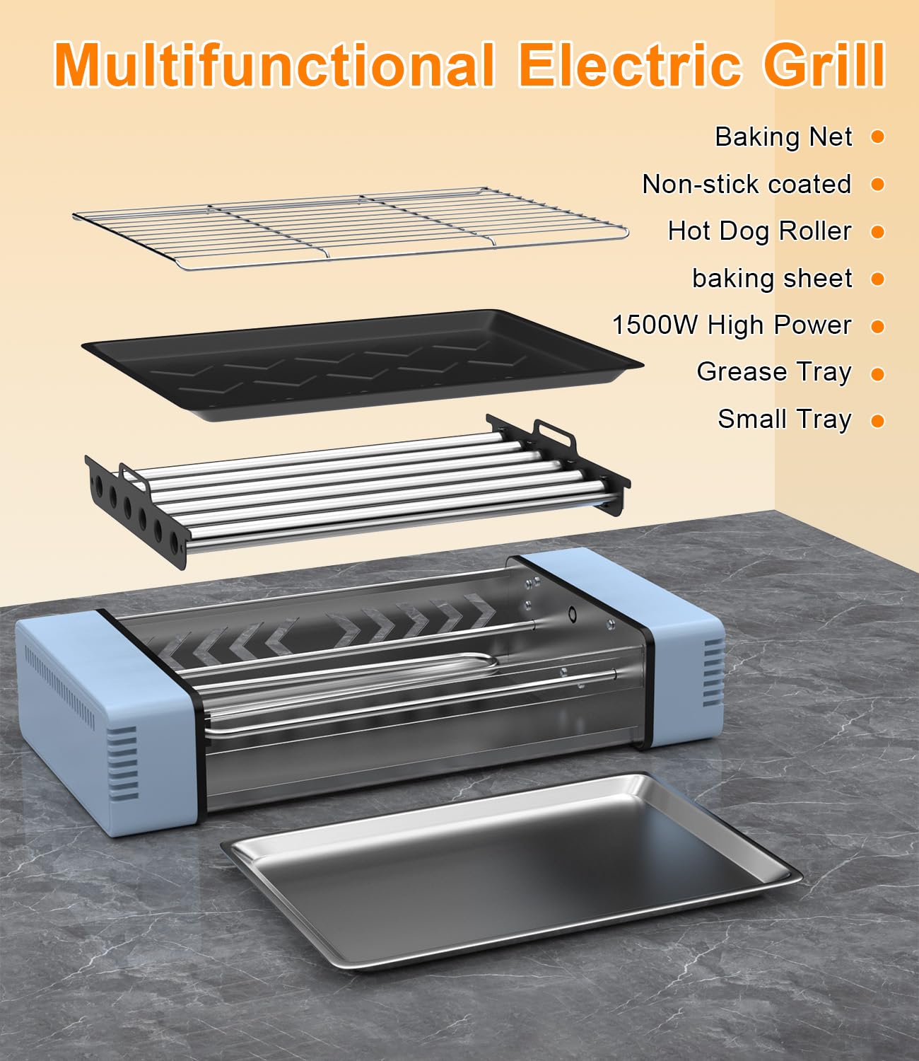 3-in-1 Electric Grill with Hot Dog Roller, Portable Indoor Outdoor BBQ Grill, Griddle and Sausage Roller Machine with Removable Non-Stick Plate & Drip Tray, for Tailgate, Camping, RV, Home Kitchen