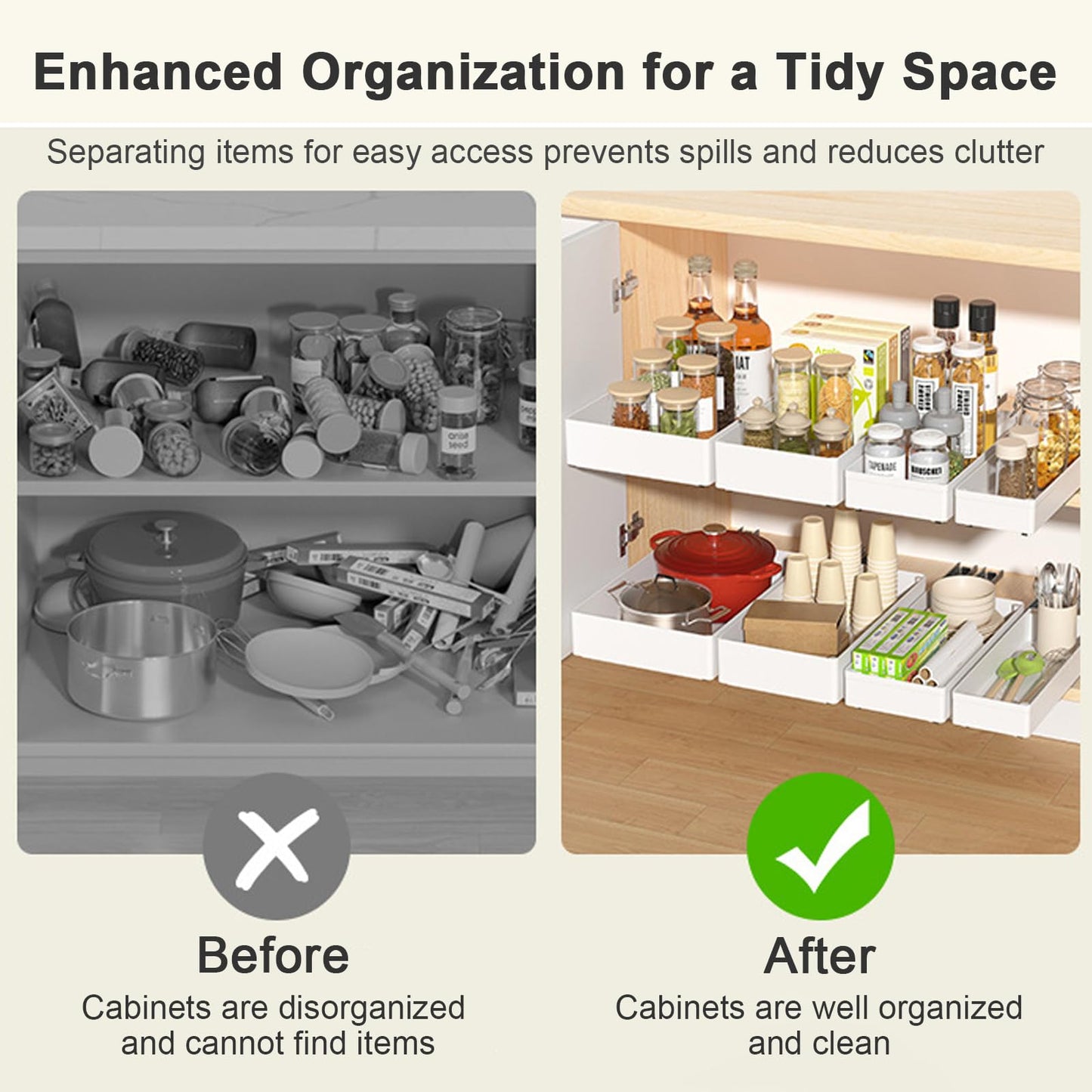 4 Pack Pull Out Cabinet Organizer, Different Size Pull Out Drawers for Cabinets, Peel and Stick Slide Out Drawer Shelves, Multifunctional Drawer Organizers for Kitchen, Pantry, Bathroom (White)