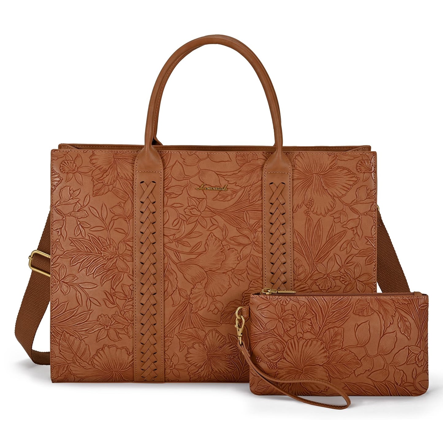 LOVEVOOK Laptop Tote Bag for Women, Vintage Leather Work Bags, 15.6 Inch Laptop Bag With Cup Holder, Waterproof Computer Purse, Professional Briefcase Office Shoulder Handbag, Yellow Brown Embroidery