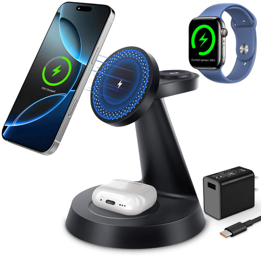 3 in 1 Wireless Charging Station for Apple, Charger Stand for Multiple Apple Devices, Wireless Charging Station for iPhone 16/15/14/13/12 Series, Wireless Charger for AirPods, iWatch Series (Black)