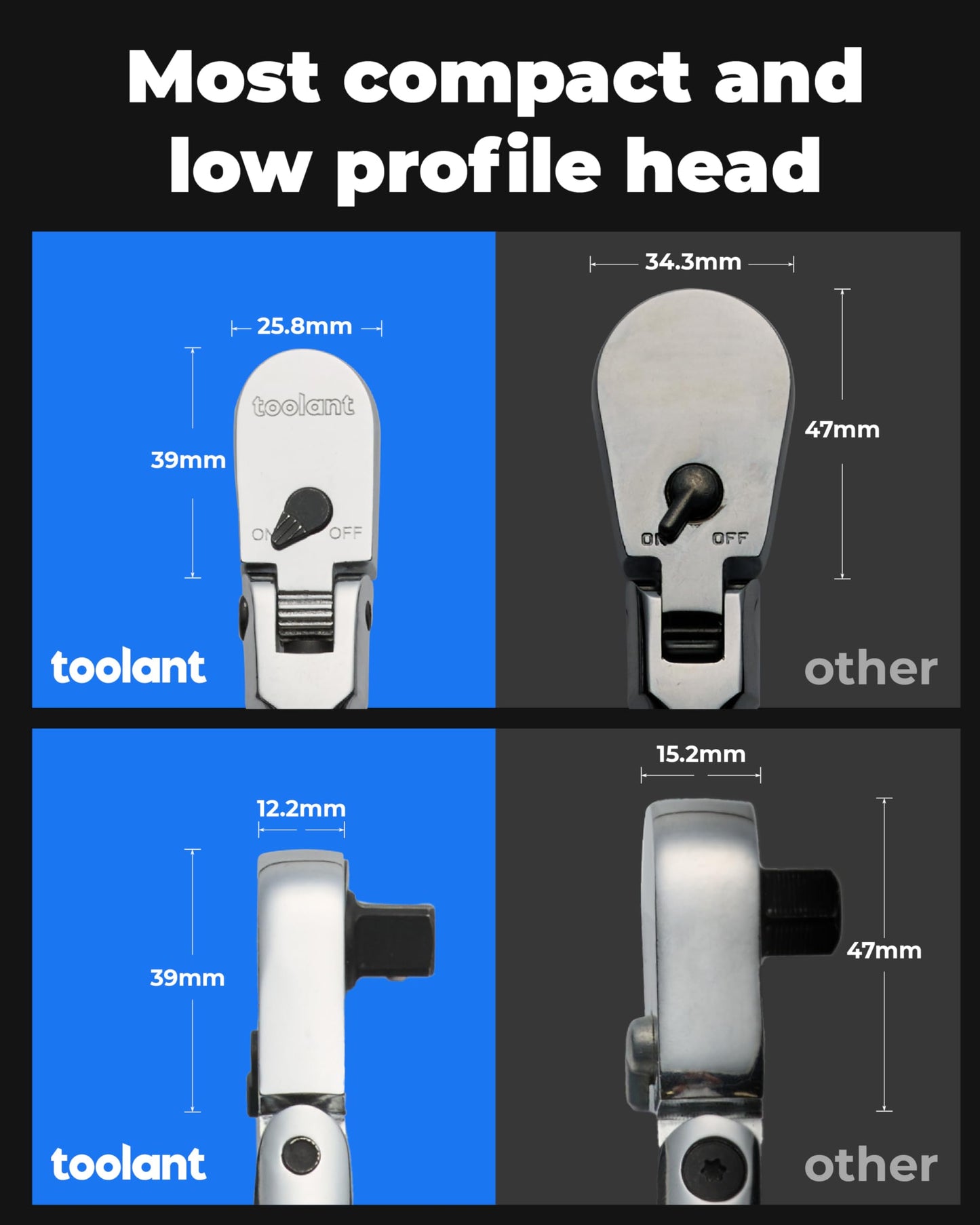toolant 4Pcs Flex Head Ratchet Set, 1/4“&3/8"&1/2" Drive Gear Wrench Compact Head Ratchet Wrenches, 90-Tooth Gear, 180° Flex, 11 Positions, Longer Handle, 1.5X ASME Durability