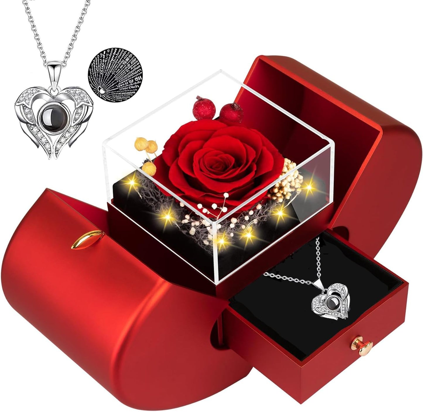 moshen Preserved Red Rose Flower Gift Box with LED Lights, Romantic Gift for Women, Ideal Gift for Mom Wife Girlfriend on Mother's Day, Valentine's Day, Christmas, Birthdays Anniversary (Red)