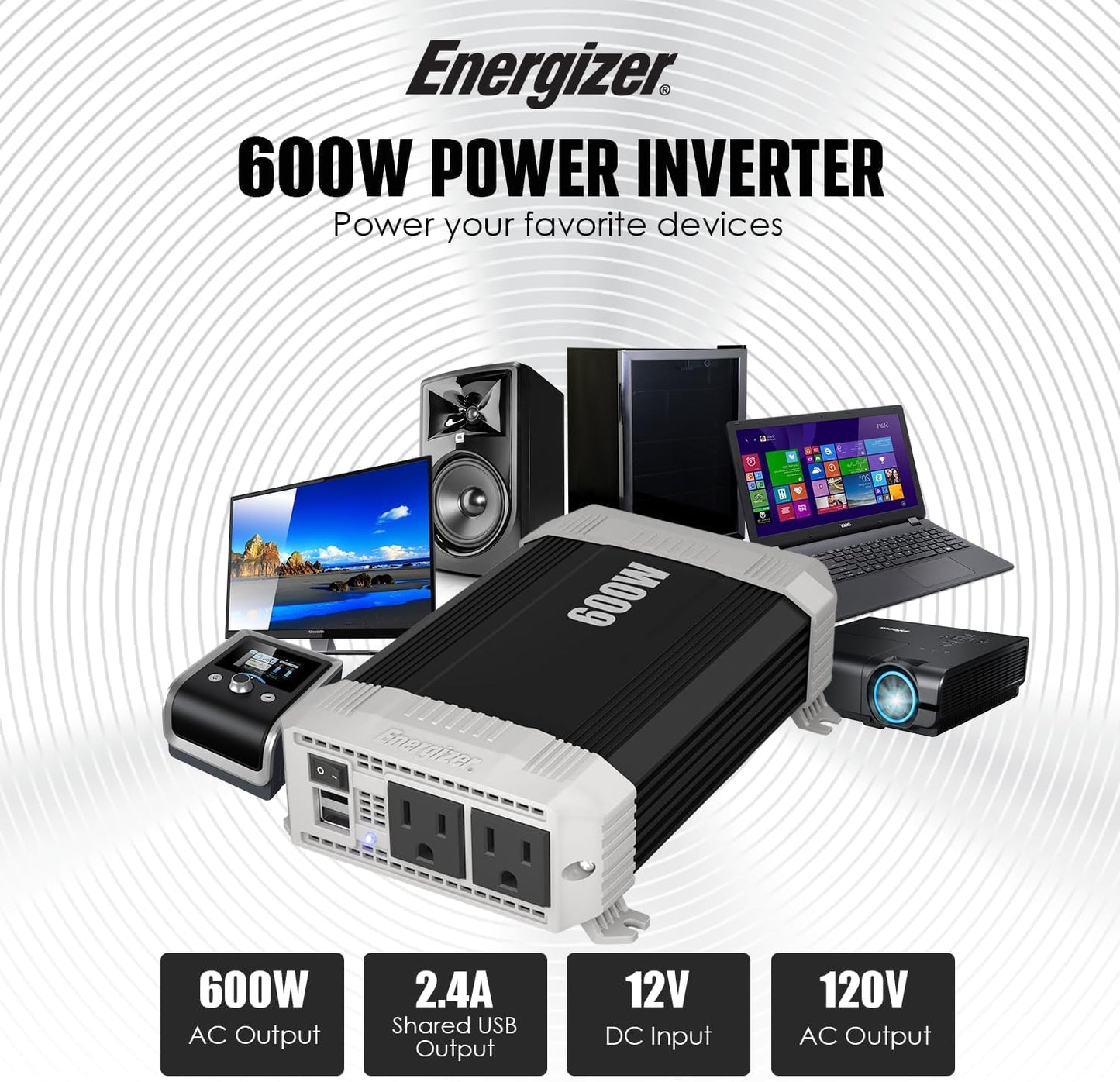 Energizer 600 Watt 12V DC to 110V AC Car Power Inverter, Modified Sine Wave, 2 Outlets, 2 USB Ports, Cigarette Lighter Plug & Clamps - ETL Approved Under UL STD 458