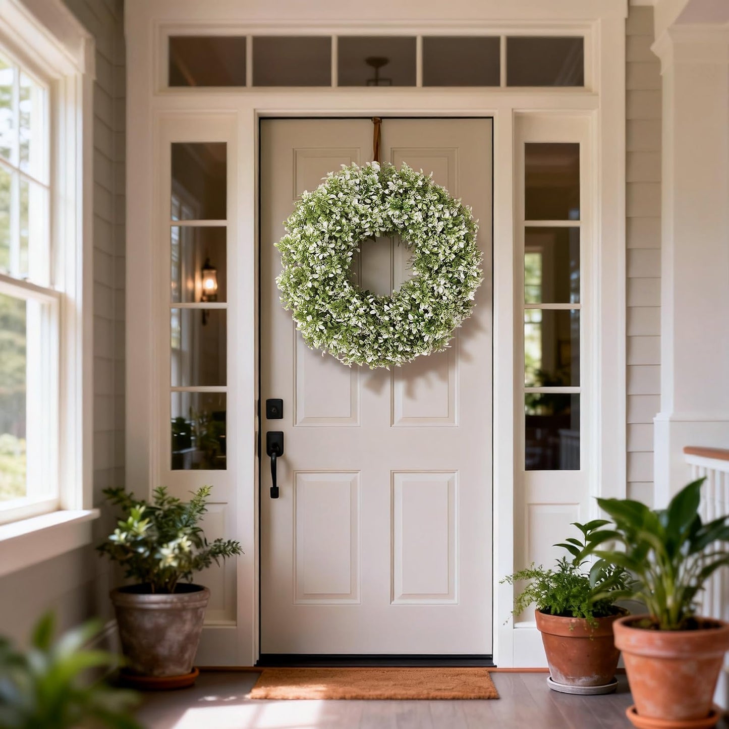 26" Artificial Boxwood Wreath for Front Door - Large Faux Aglaia Odorata Wreath, Fake Eucalyptus Leaves Plants for Wall Window Farmhouse Outdoor Decor - Spring, Summer, All Seasons (White-Green)