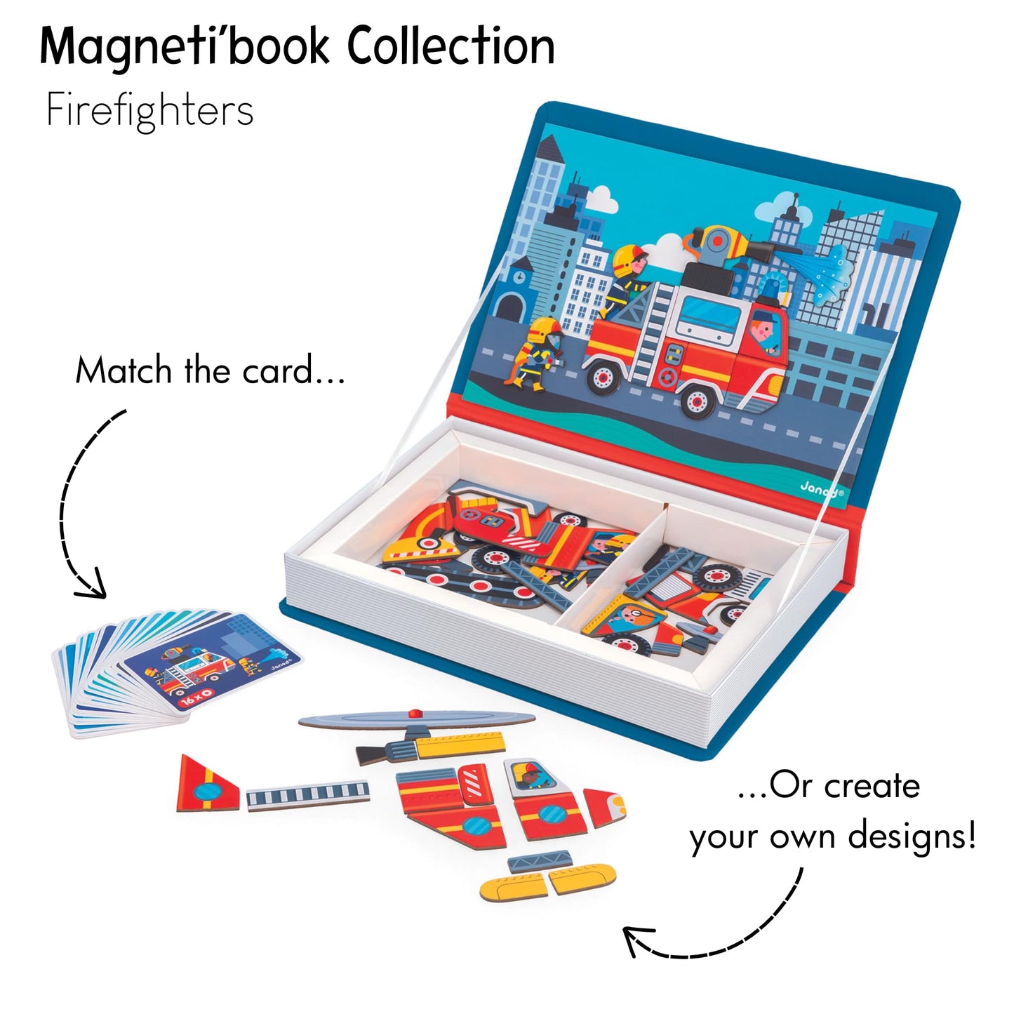 Janod - Magneti’Book Firefighters - Educational Magnetic Games - Toy for Kids Toddler Children - Imagination and Creativity Game - Fine Motor Skills Toy - 3 to 8 Years - J02583