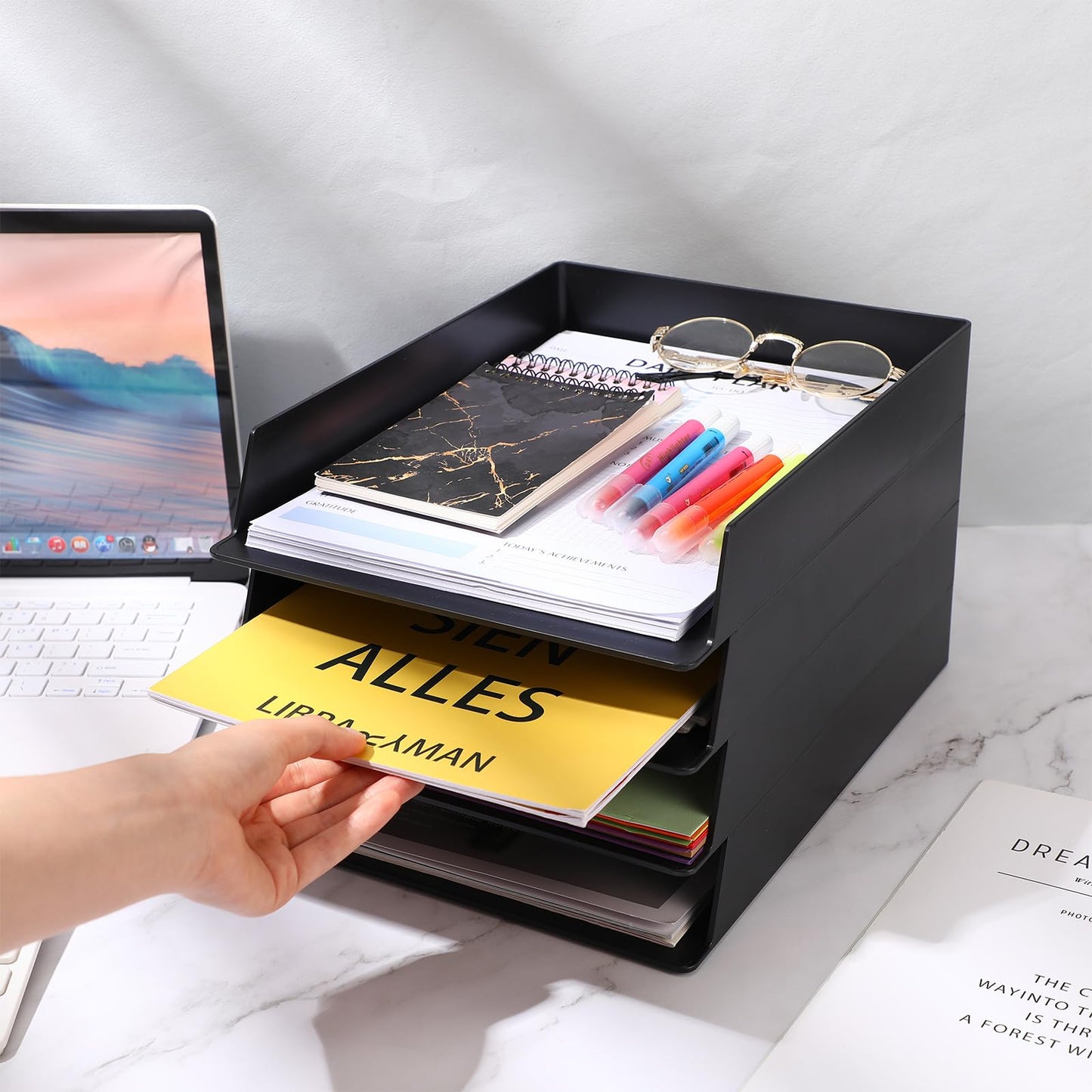 Wenqik 8 Pcs Stackable Paper Trays Rectangular Plastic Desk Tray Holder Desktop Document File Paper Organizer Plastic Storage Letter Tray for Office Classroom, Black