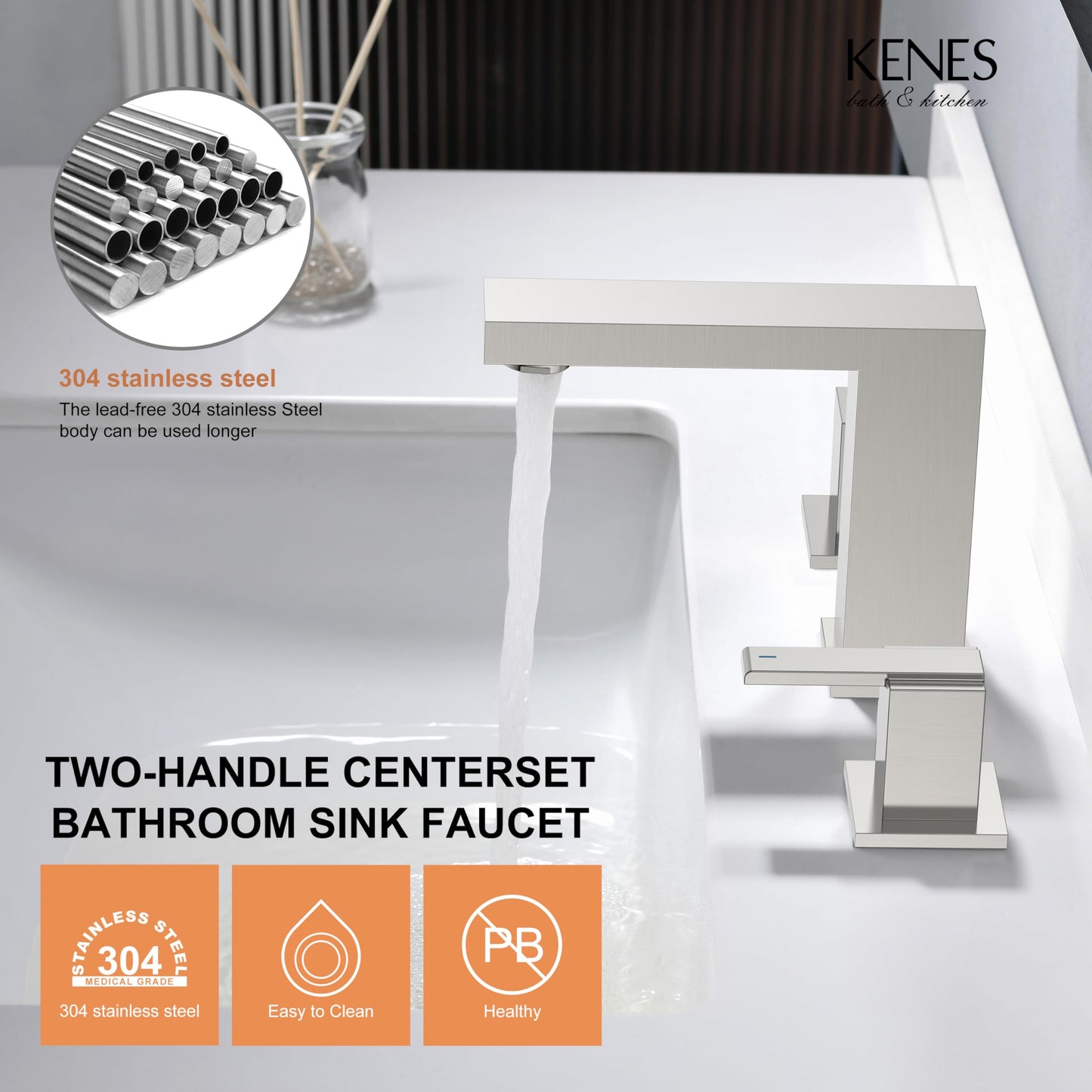 KENES Brushed Nickel Widespread Bathroom Faucet 2 Handle Bathroom Sink Faucet 3 Hole, 8-Inch 3 Pieces Bathroom Vanity Faucet with Pop Up Drain & Supply Lines, KE-9050-P