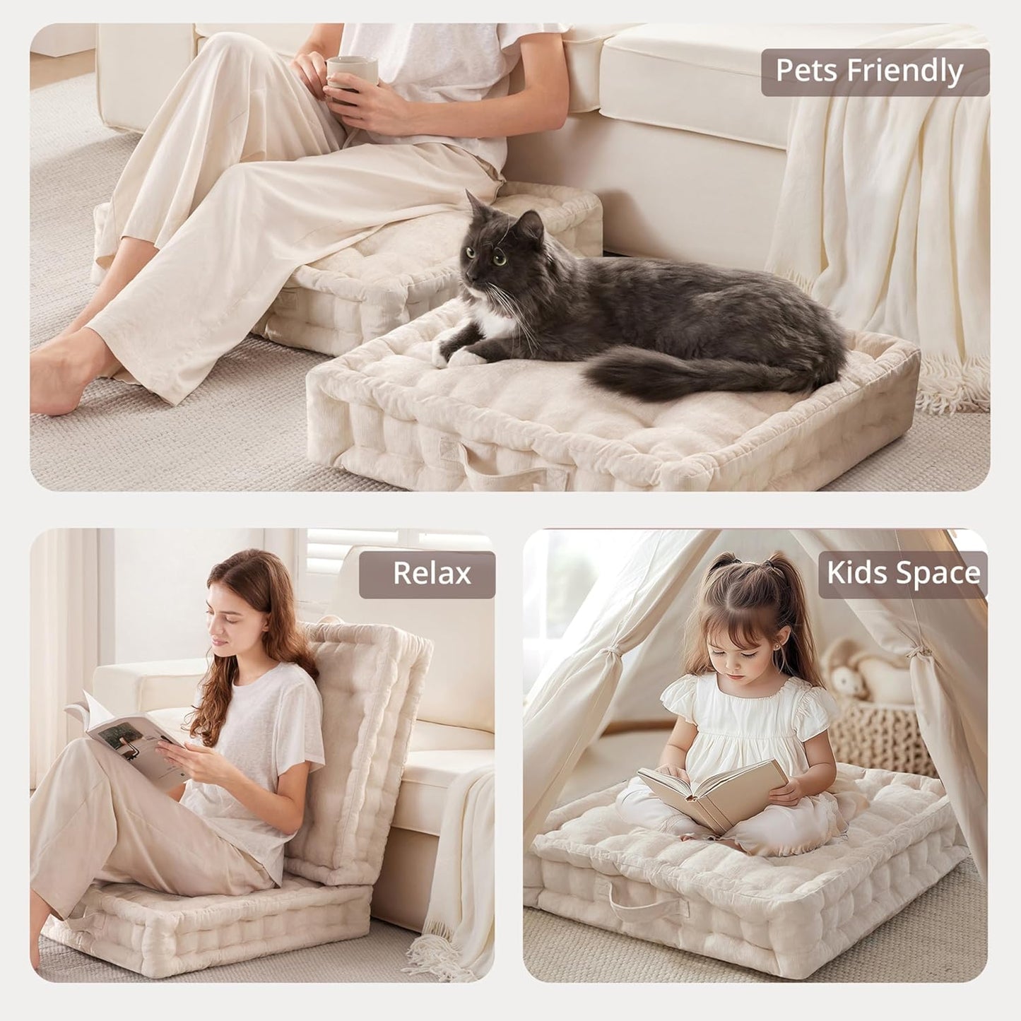 Intelligent Design Large Floor Pillow for Adults Yoga or Meditation Cushion with Handle, Floor Cushion for Board Games, Lustrous Chenille Tufted, Handsewn Scalloped Edge, Azza, 24" x 24" x 5" Ivory
