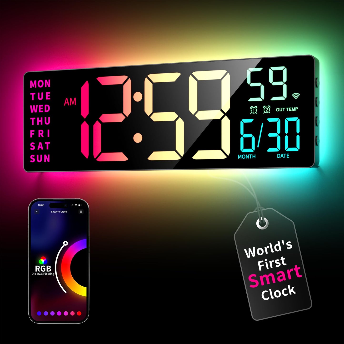 EASYERA Smart Digital Wall Clock with App Control, 16.5” Large RGBIC Wall Clock with Multiple DIY Color and Music Sync, LED Display, Auto DST, Plug-in Clocks for Classroom Home Gym Gaming