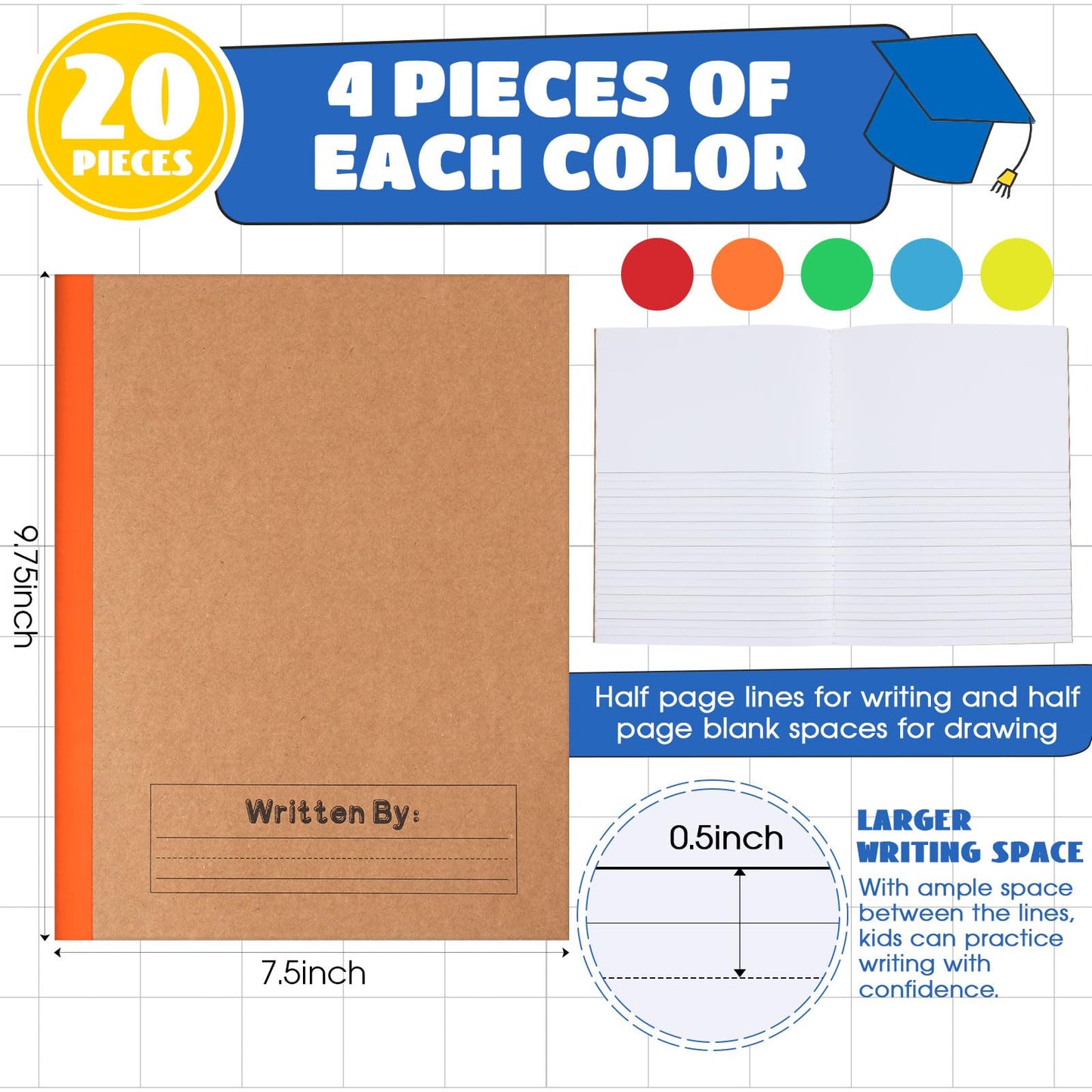 Henoyso 20 Pack Primary Composition Notebook, 9-3/4" x 7-1/2", Kids Primary Journal, K-2 Writing Notebook for Kids Student Draw Write Story Journal Half Blank Books(Bright Color)