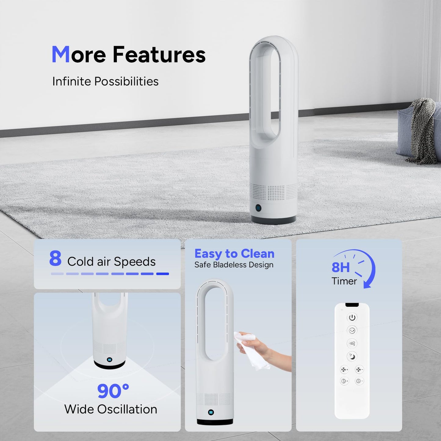 Bladeless Fan,22Inch Cooling Tower Fan 80° Oscillating with Remote, 9H Timer, 8 Speeds, Portable Quiet Cooling Fan for Indoor, Bedroom, Home Office