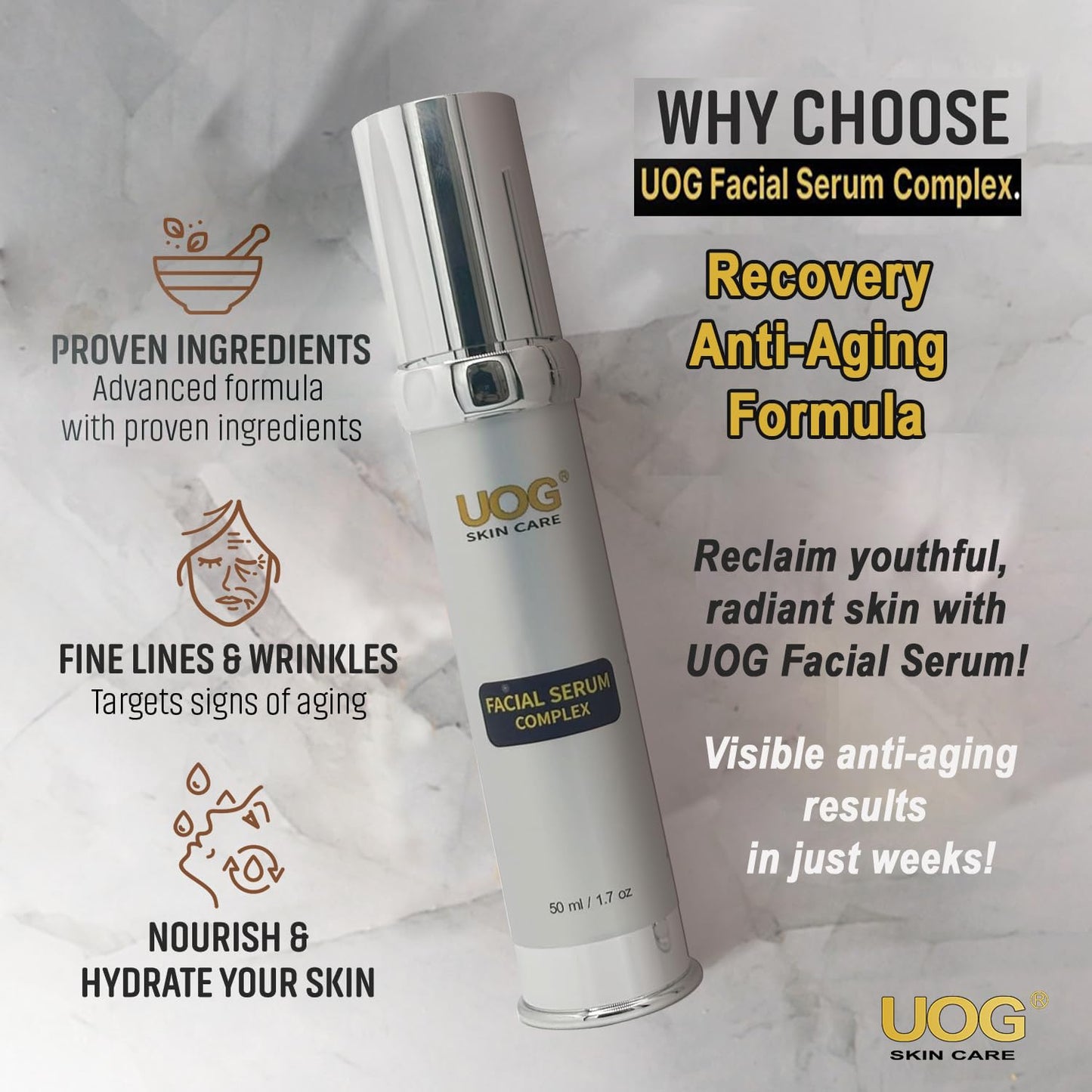 UOG Face Serum Complex – Hydrating & Firming Face Serum| Lifts, Tightens & Improves Skin Texture | Reduces Fine Lines & Wrinkles for Face, Neck & Jawline | Advanced Skin Recovery 50ml/1.7oz