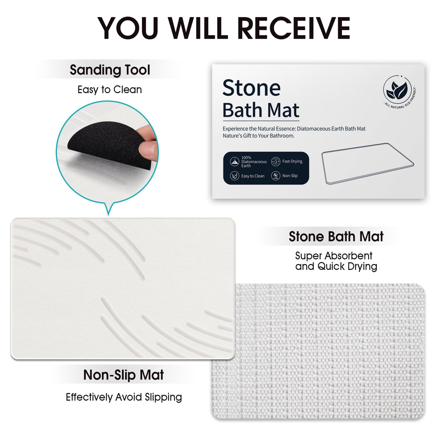 ZIKIBL Stone Bath Mat Diatomaceous Earth Shower Mat Super Absorbent Non-Slip Diatomite Stone Bath Mats for Bathroom Floor Quick-Drying Natural Easy to Clean（24 * 16''）