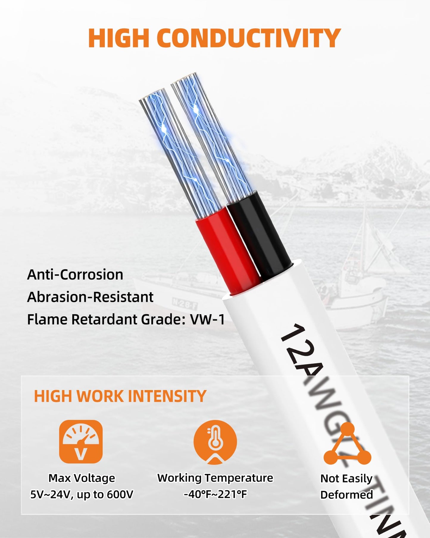CONEPY 12 Gauge Marine Wire, 12/2 Duplex Marine Grade Cable, IP68 Waterproof/Oxygen-Free Tinned Copper Stranded PVC 12 AWG Wire for Boat, Automotive, RV, Solar, LED Strips (30FT/9M)