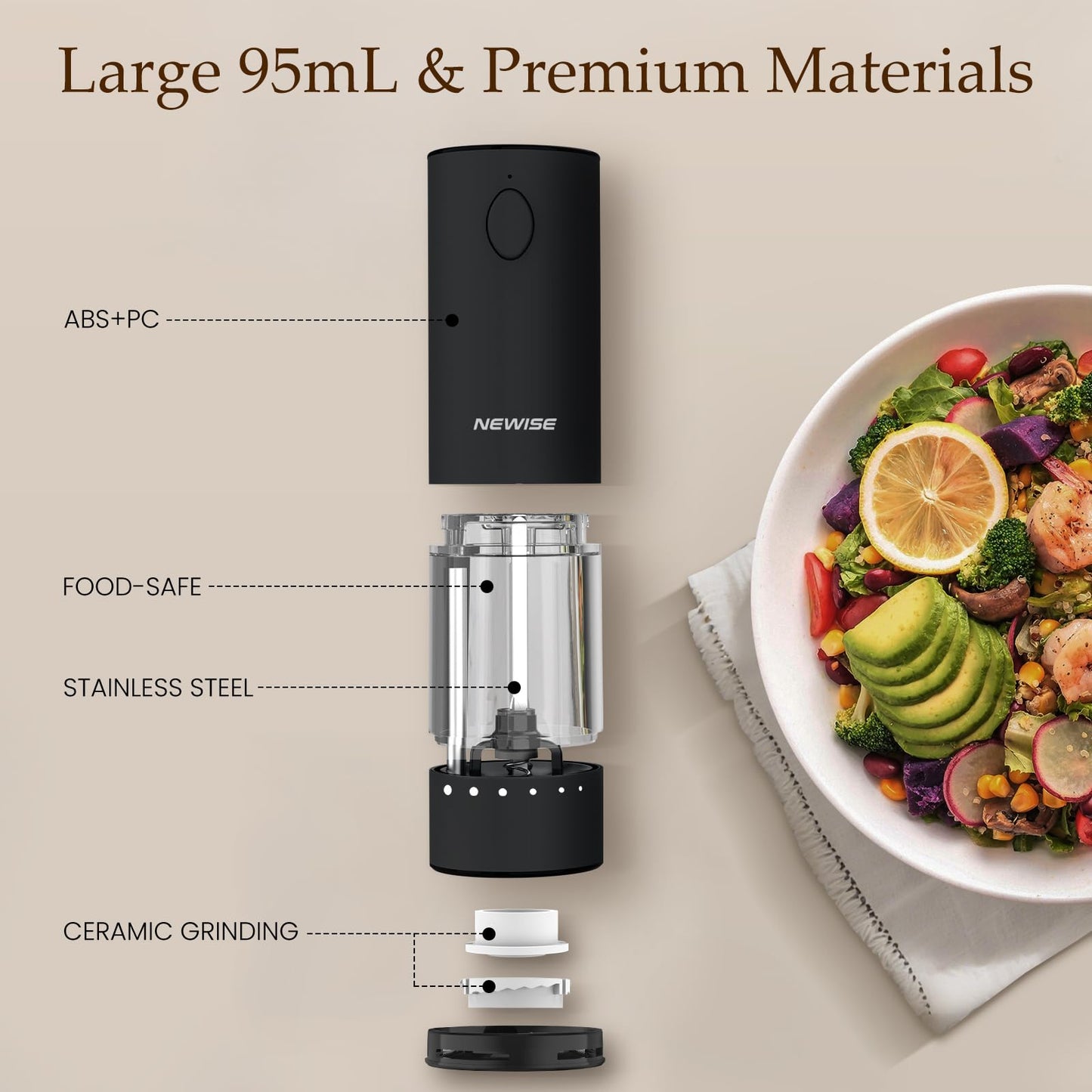 Newise Electric Salt & Pepper Grinder Set, Rechargeable with LED Light & External Coarseness Adjustment, One-Hand Operation, Valentines Day Kitchen Gifts for Him Home Cooks & Families - Black