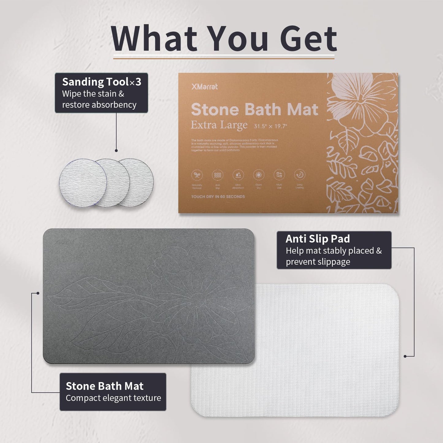 XMarrat Extra Large Stone Bath Mat Large, 31.5'' x 19.7'' Diatomaceous Earth Non-Slip Stone Shower Mat, Super Absorbent Diatomite Stone Mats for Bathroom, Quick Drying, Easy to Clean (Dark Gray)