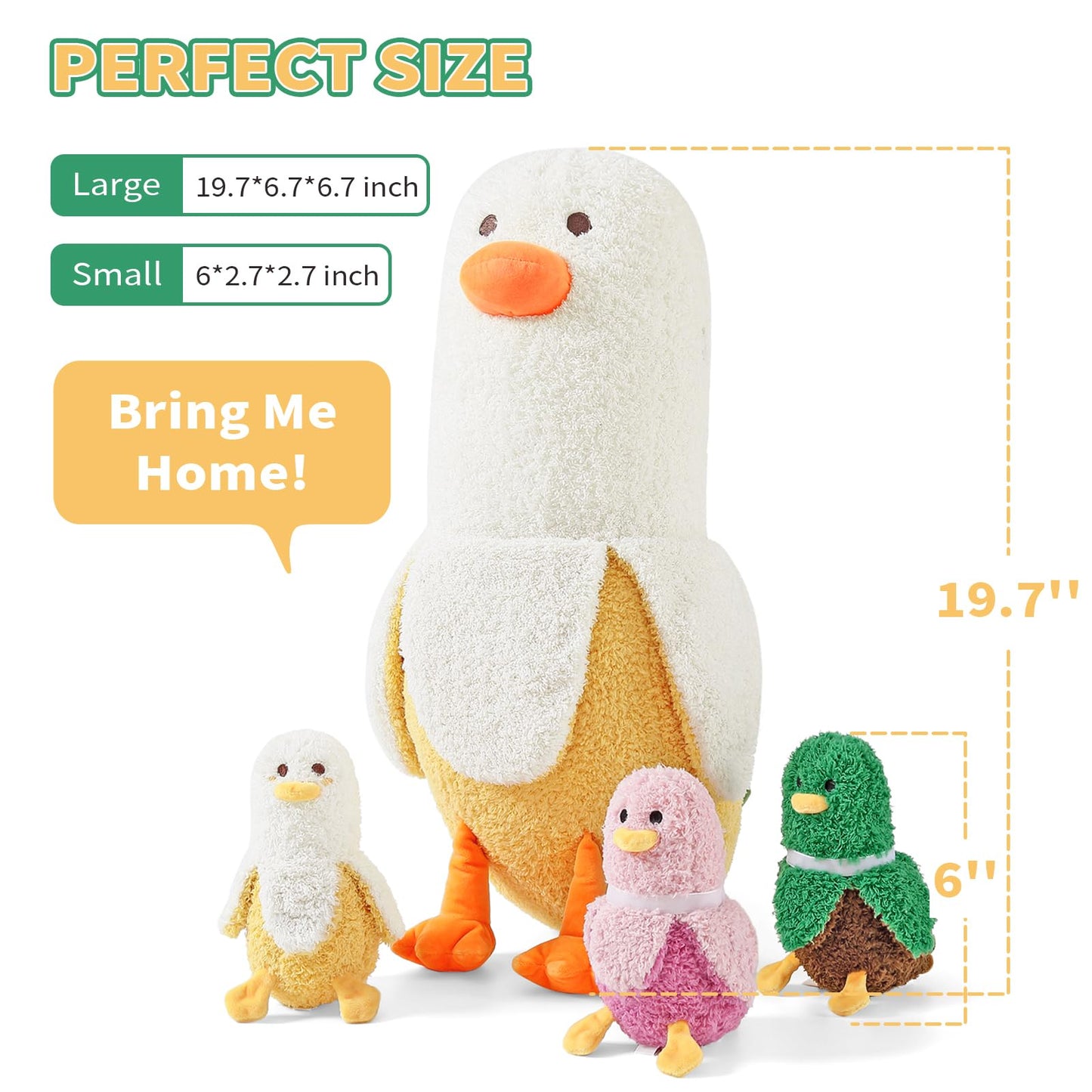 PEACH CAT Banana Duck Plush 1 Mommy 19.7" Banana Duck Stuffed Animal with 3 Cute Babies Inside, 4 Pieces Plushies Toy Set Gifts for Girls and Boys