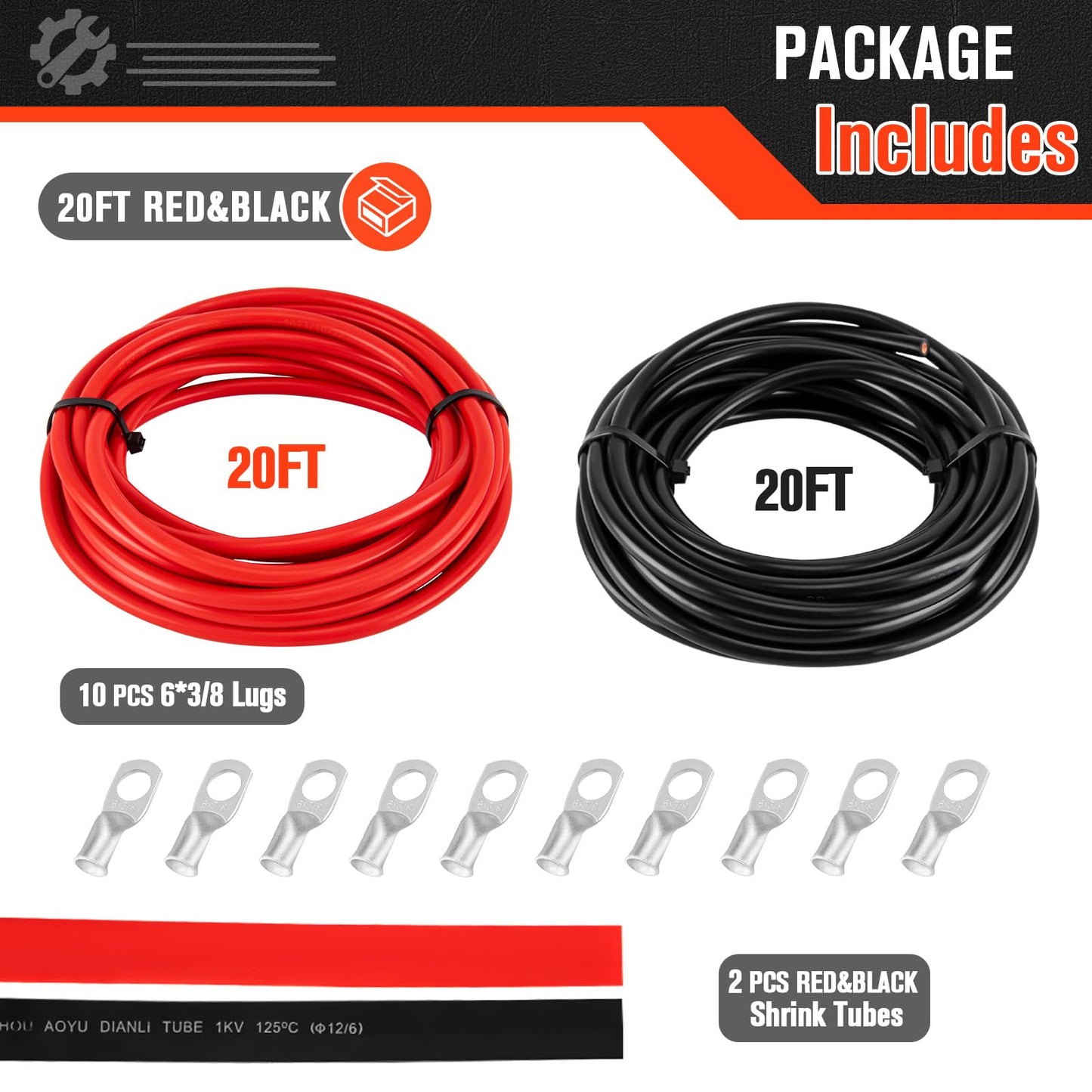 SZLYYDS 6 Gauge Wire 6 Awg Wires 20 FT Black + 20 FT Red, 6 Gauge Battery Cable 6awg Marine Wires, 6awg Copper Wire Welding Cable Standard with Cable Lugs Terminal Connectors and Heat Shrink Tube