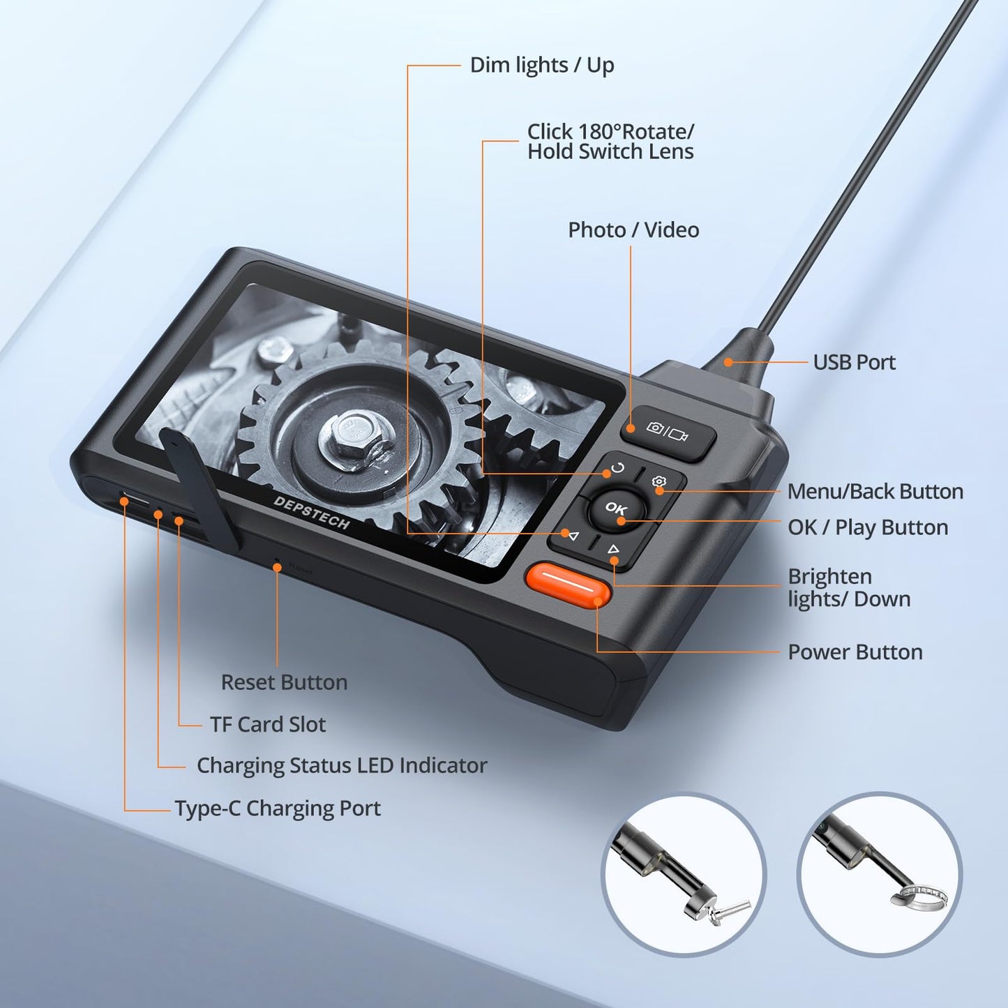 Triple Lens Borescope Tool, DEPSTECH 5" IPS Screen Endoscope Camera with Lights, 1080P Sewer Inspection Camera & Split Screen, 180° Rotation, IP67 Snake Cable, Gadget for Automotive Mechanical Repair