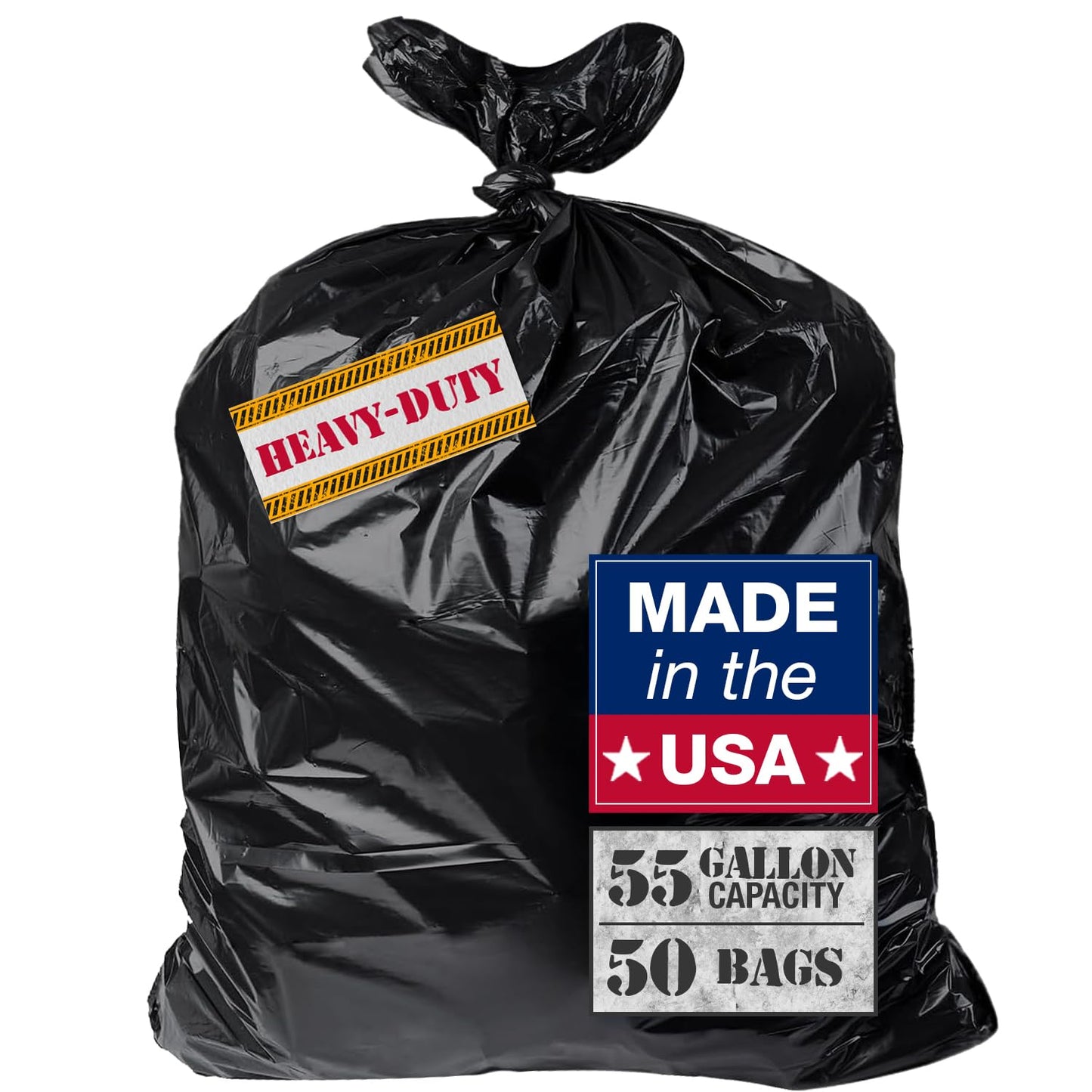 Extra Heavy Duty Black Contractor Garbage Bags 55 Gallon, 50 Trash Bags, Construction Grade, 3 mil, Made in USA