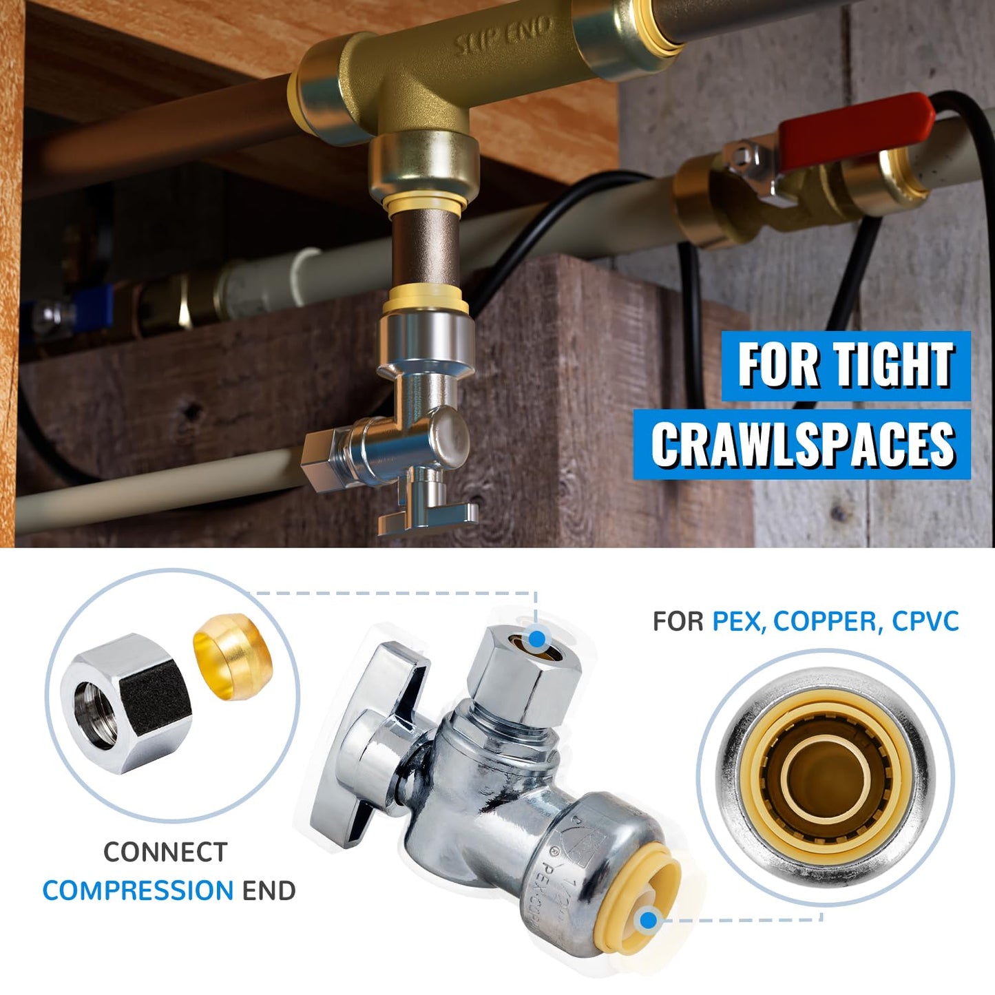 SUNGATOR 12-Pack Angle Stop Valve, Angle Water Shut Off Valve 1/2 x 3/8 Inch Compression, Toilet Water Shutoff, 1/4 Turn, No Lead Brass Push-to-Connect Plumbing Fittings for PEX Pipe, Copper, CPVC