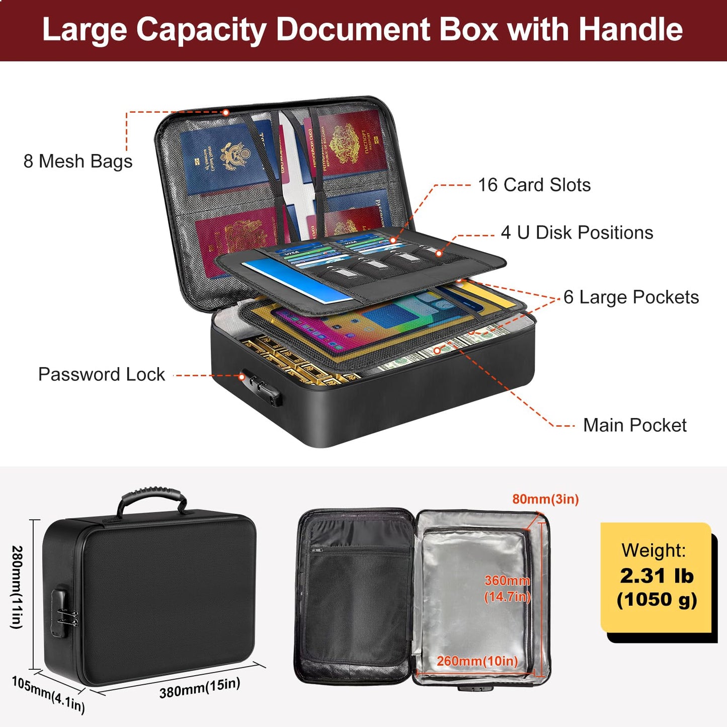 HECHN Fireproof Document Box with 5200℉ Heat Insulated, Document Organizer with Lock and Aluminum Foil Fire-Retardant Lining, Portable Home Travel Safe Storage with Multi-Layer for Important Documents