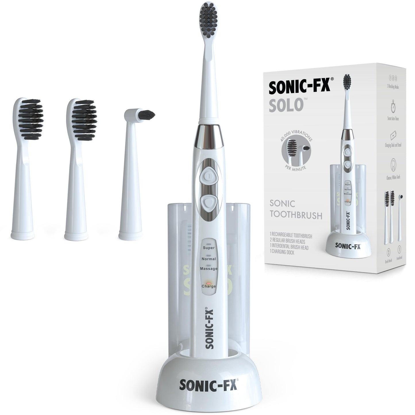Sonic-FX Solo Sonic 3 Brushing Modes Toothbrush with Smart Timer, Rechargeable Charging Dock | Electric 1 Interdental and 2 Tooth Brush Heads Toothbrush Includes Replacement of Heads, White