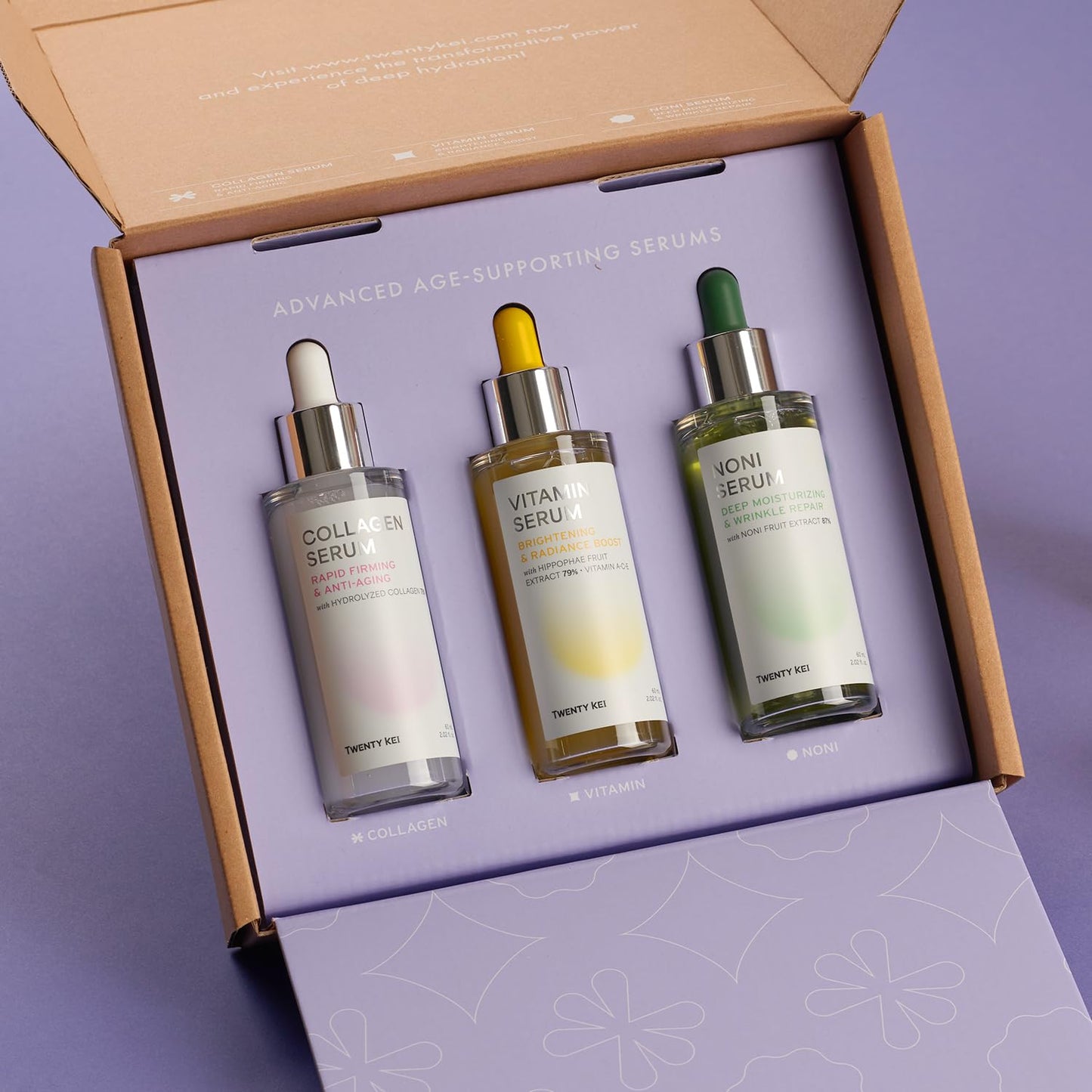 TWENTY KEI Serum - 3 step Everyday Solution - Collagen, Noni, Vitamin SET - Rejuvinate, Firmming, Radiance Boost, Moisturizing