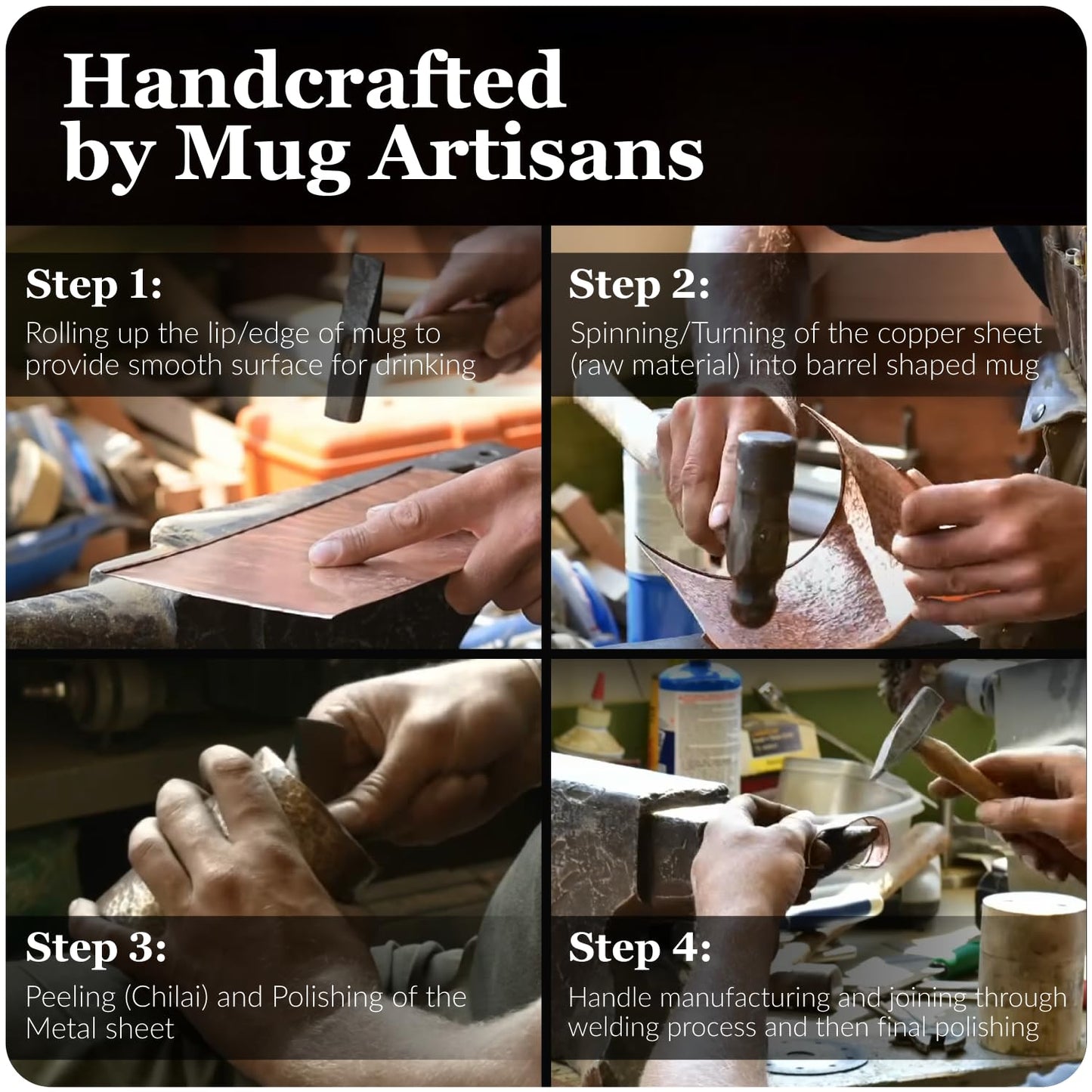 COPPER-BAR Moscow Mule Copper Mugs - Unique HANDCREFTED Gift Set of 4, Hammered by Artisan, 100% Pure Solid Copper Cups 16oz for Drinking Water & Cocktails, Include 18 Pcs accessories & Special Opener