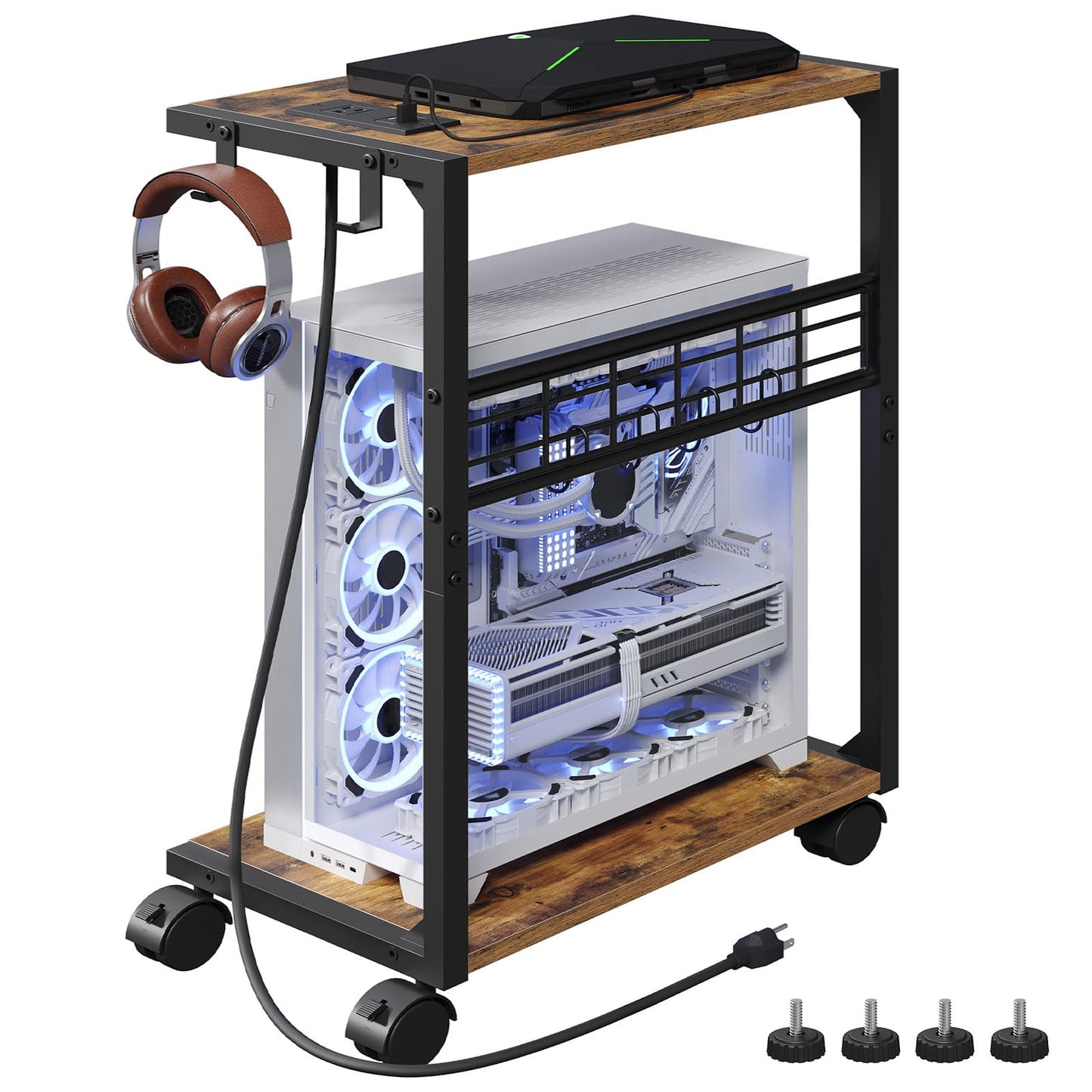 ZIIWIND PC Stand, Computer Tower Stand with Charging Station, 16.9"W x 11.4"D x 27.6"H, Computer Cart with Wheels and Hooks, CPU Holder for Carpet, Floor and Under Desk, Easy Assembly, Rustic Brown
