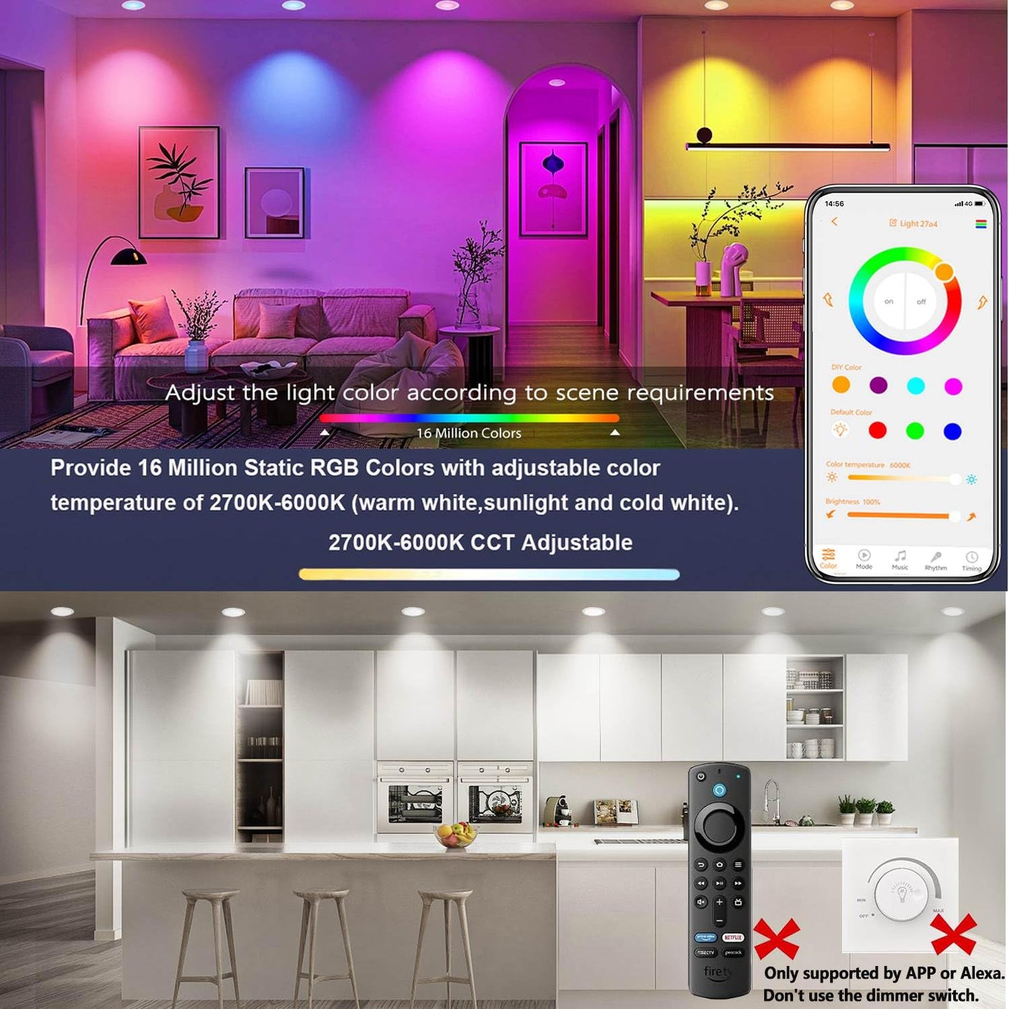 RICHSING Recessed Lighting 6 inch, 4Pack RGBCW Recessed Ceiling Lights with Junction Box, 16W 1350lm LED Recessed Lights 2700 to 6000K Canless LED Downlight Dimmable by Alexa and APP