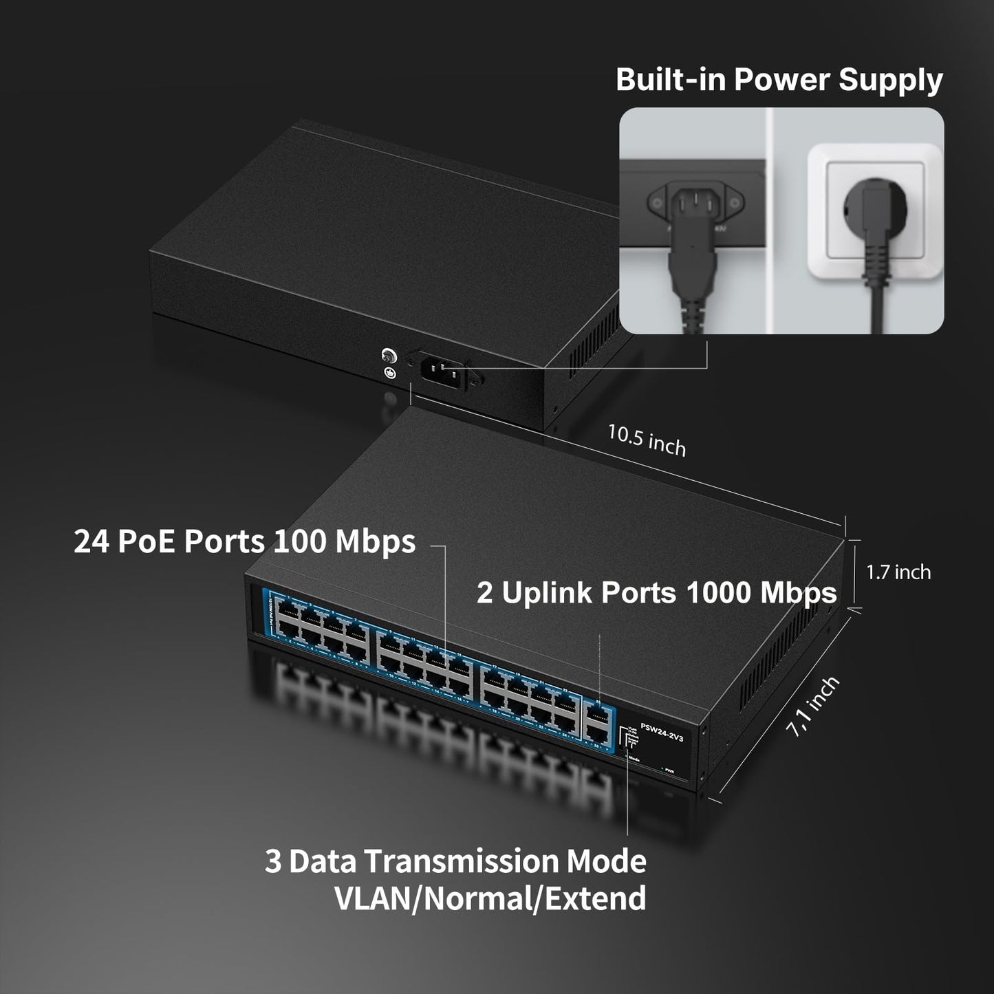 24 Port PoE Switch,10/100Mbps PoE+ Ethernet Switch Unmanaged with 2 Gigabit Uplink Ports, Up to 30W Per Port, Total Budget 280W, 802.3af/at Compliant, Fanless Silent, Rack Mount