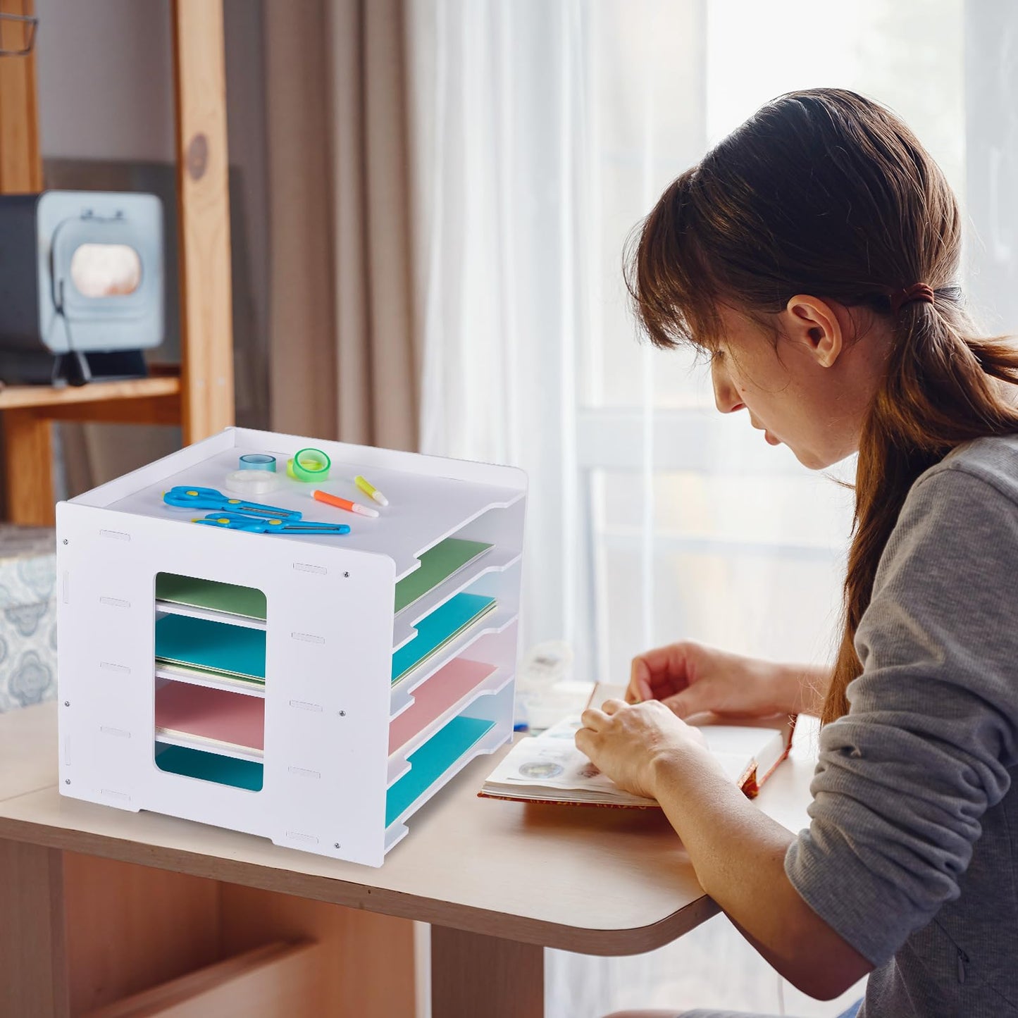 Juexica 2 Pack 5 Tier Scrapbook Paper Organizer 11 x 12.6 x 12.6 Inch Stackable Paper Storage Holder for Desk Desktop File Organizer for Home Office Classroom School