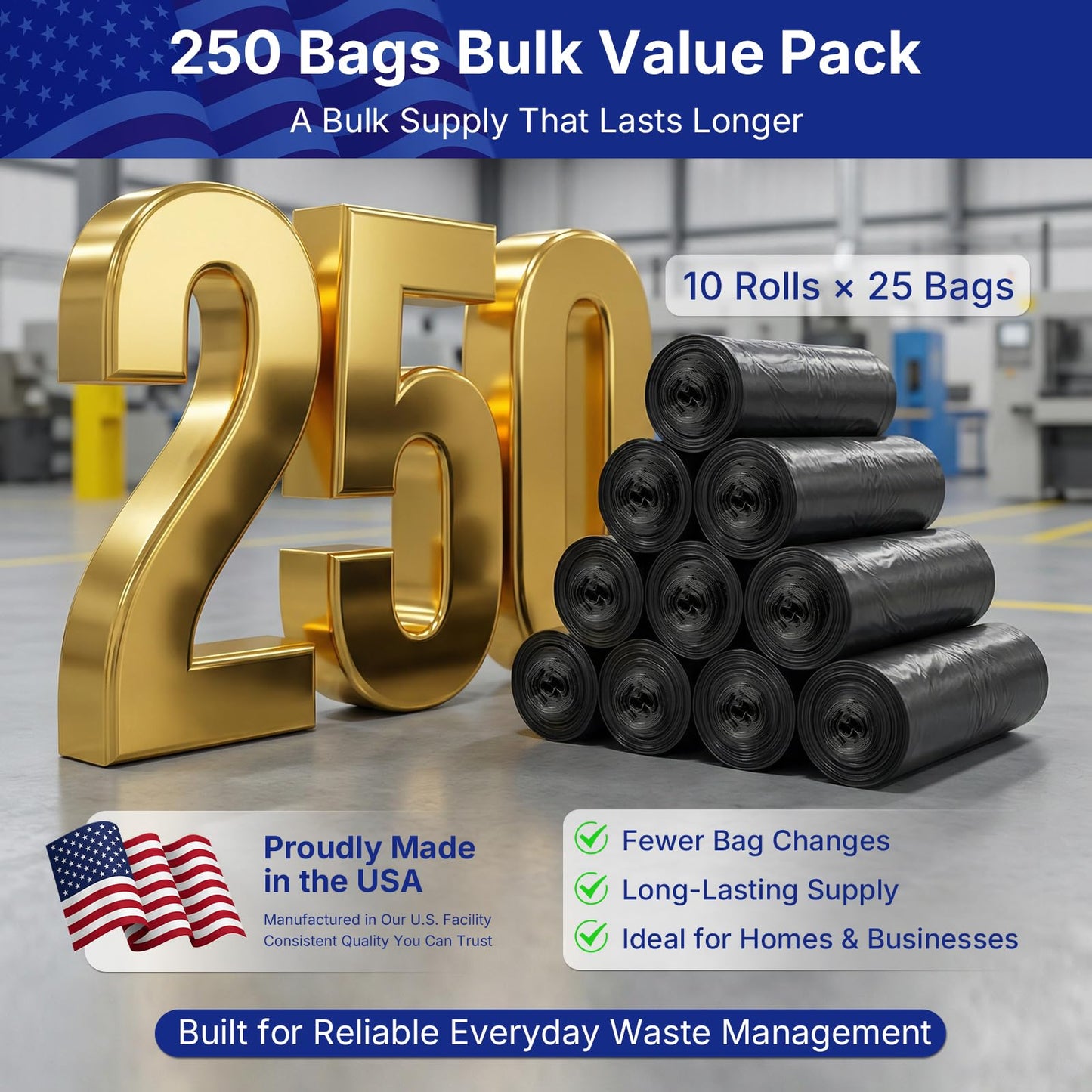 METRONIC 30-33 Gallon Trash Bags, 250 Count Bulk 0.6 Mil Commercial Black Garbage Bags, 32” x 38” Light Duty Large Plastic Trash Bags, Commercial Liners for Office, Retail & Paper Waste, Made in USA