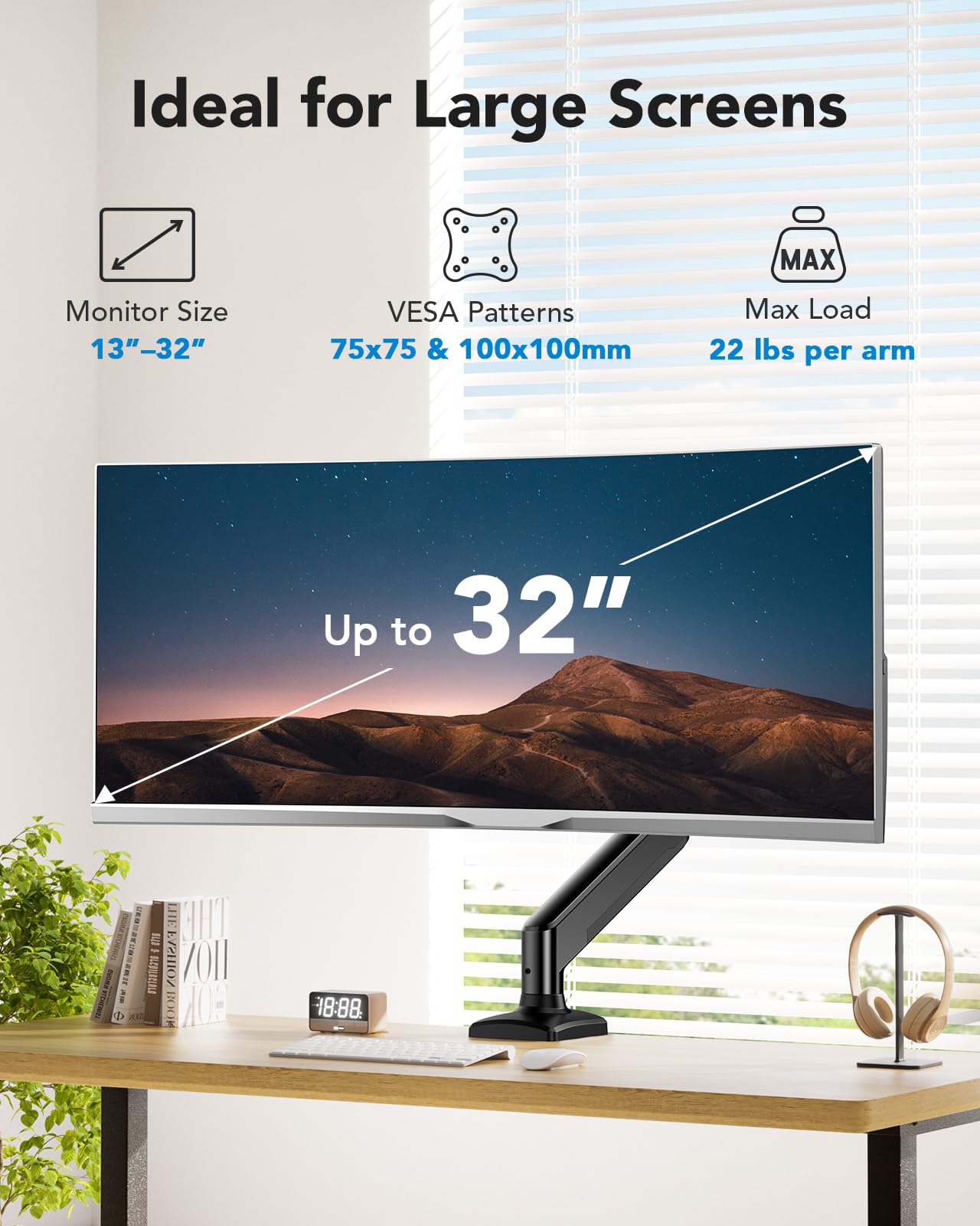 HUANUO Single Monitor Mount for 13-32 inch, Adjustable Gas Spring Monitor Arm, 4.4-22lbs Screen, Monitor Stand with VESA Mount 75x75/100x100, C-Clamp/Grommet Base