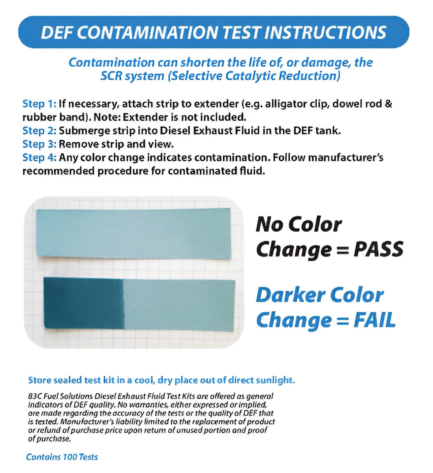 B3C Fuel Solutions DEF 7-040-9 Diesel-Exhaust-Fluid Contamination Test Strips (Pack of 100)