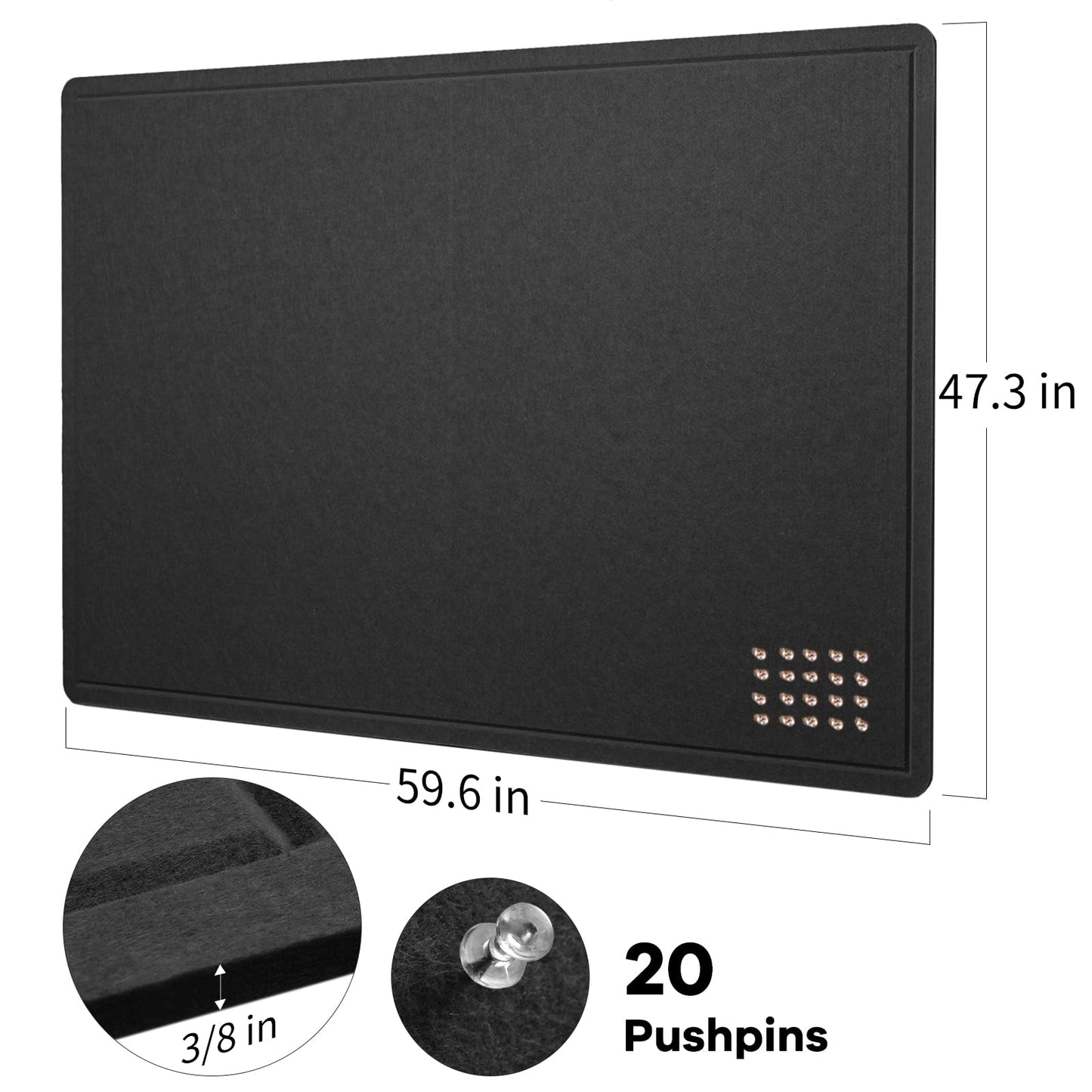 Large Bulletin Board, 60 x 48 inches Decorative Felt Pinboard, 5' x 4' Cork Board Alternative for Wall, Foldable Photo Board Self-Adhesive Vision Board Mood Board with 20 Pushpins - Black