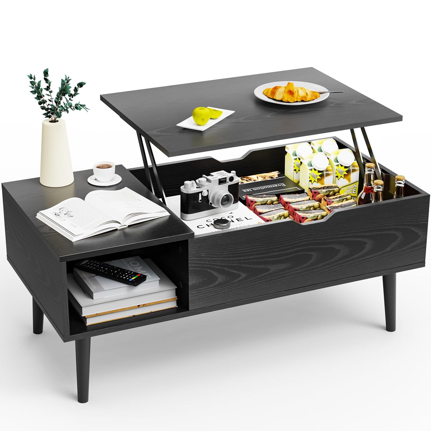 Sweetcrispy Coffee Table Lift Top Coffee Tables for Living Room,Small Rising Wooden Center Tables with Storage Shelf and Hidden Compartment, Black