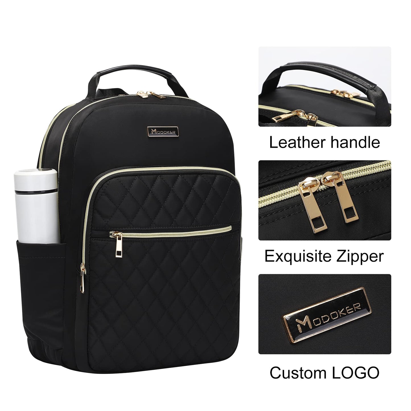 Modoker Eco-Friendly 15.6 Inch Laptop Backpack, Quilted Work Backpack for Women Bookbag Teacher Backpack with USB Charging Port, Travel Backpack Purse for Women Nurse, Black