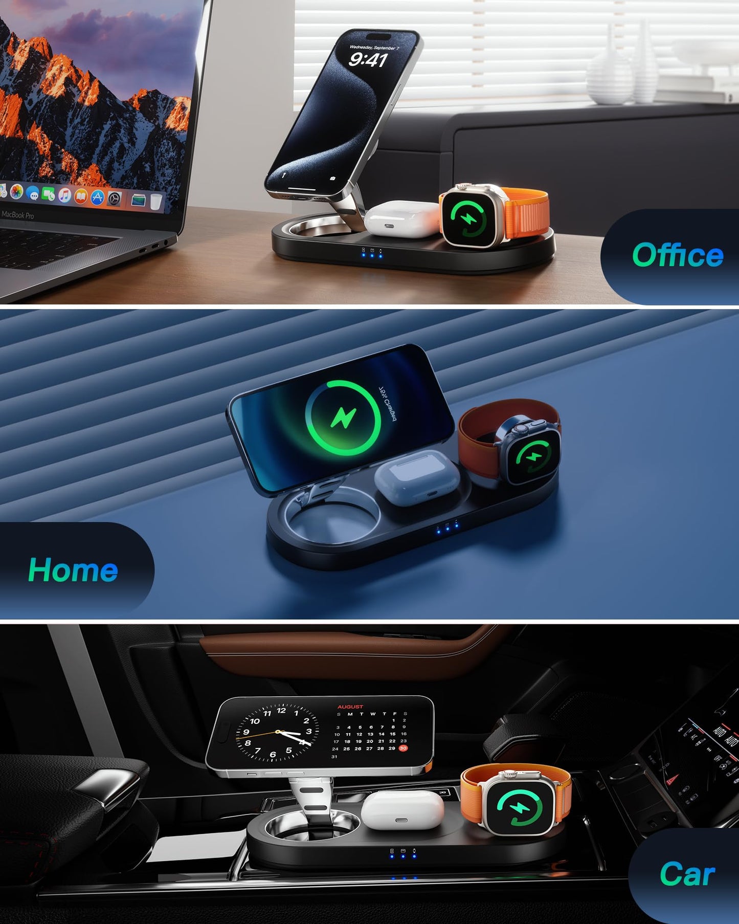 Upgraded 3 in 1 Wireless Charger, Nano Magnetic iPhone Charging Station for Apple Devices, Fast Mag Safe Charging Pad for iPhone 16/15/14/13/12 Series & AirPods Pro & Apple Watch Series, Black