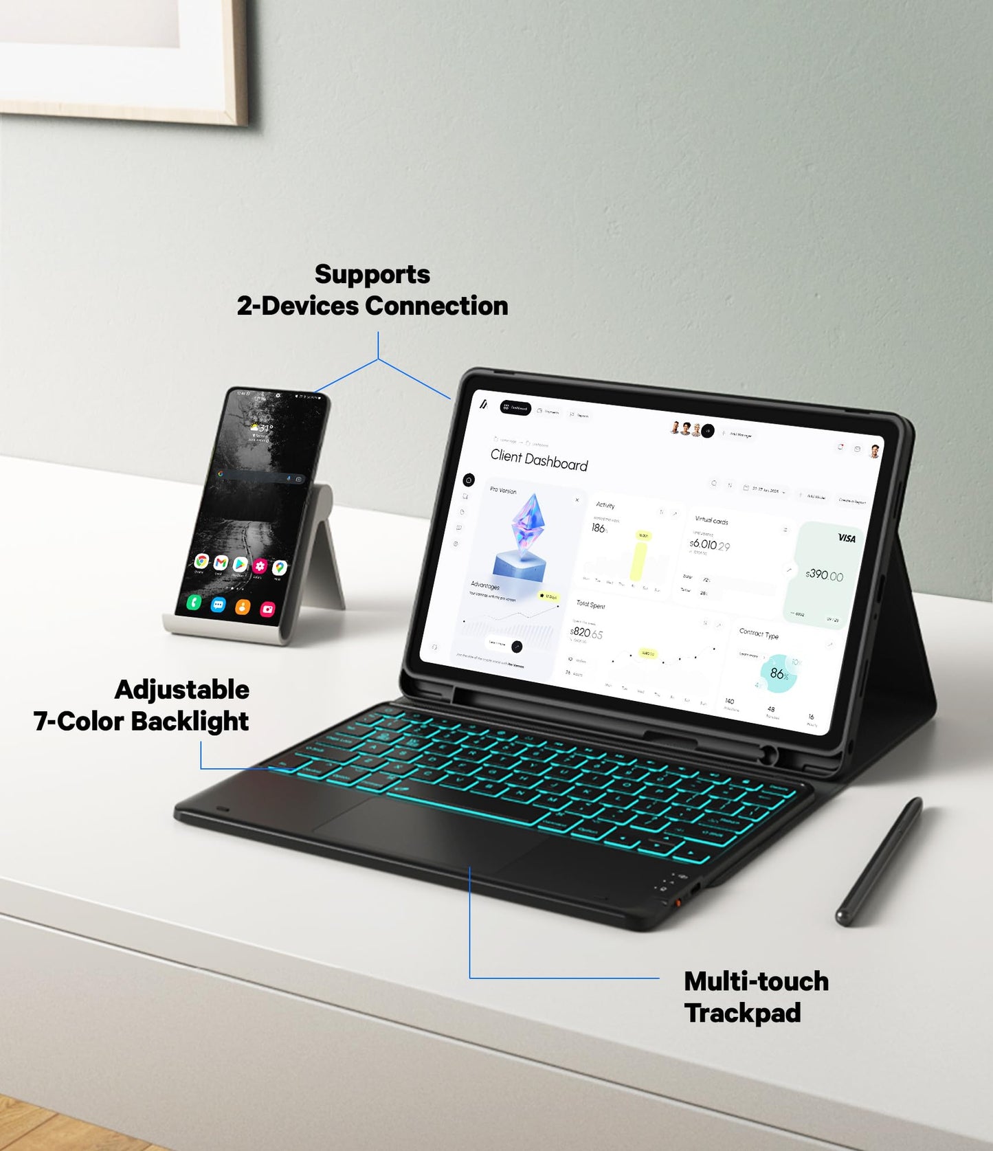 GreenLaw Keyboard Case for Samsung Galaxy Tab A9 Plus 11 inch 2023, 7 Color Backlit Trackpad Keyboard, Stain-Resistant Cover with S Pen Holder, Detachable Keyboard for Galaxy Tab A9+ 11'', Black
