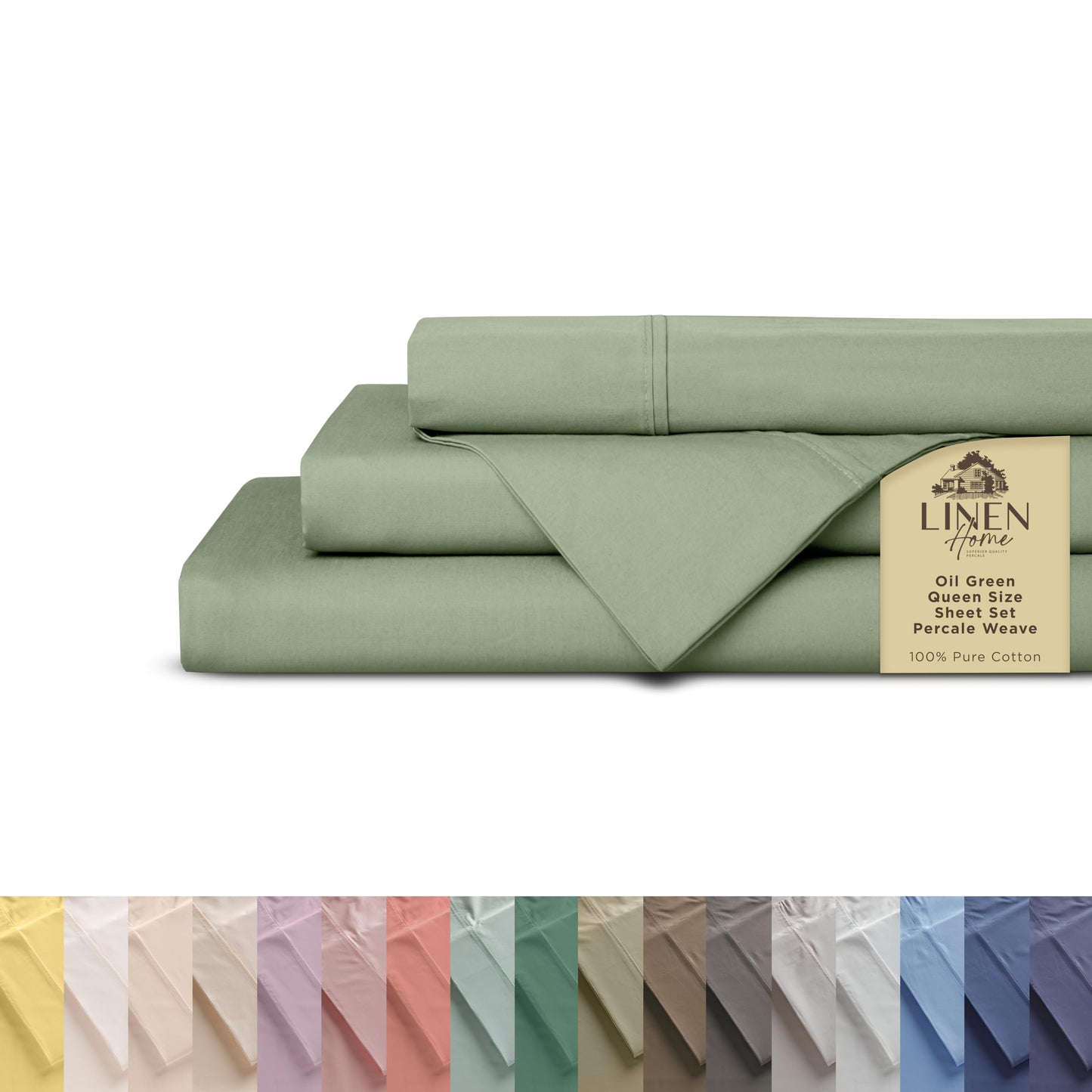 Linen Home 100% Cotton Percale Sheets Queen Size, Oil Green, Deep Pocket, 4 Pieces Set - 1 Flat, 1 Deep Pocket Fitted Sheet and 2 Pillowcases, Crisp Cool and Strong Bed Linen