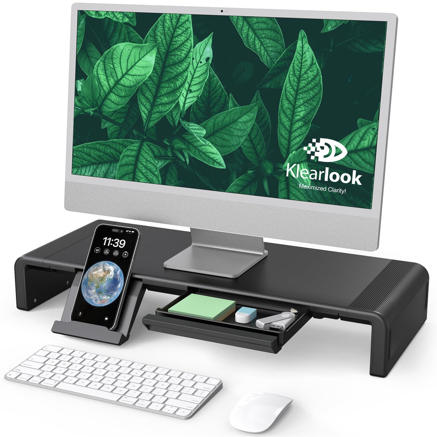 Monitor Stand Riser, Klearlook Foldable Computer Monitor Riser,Height Adjustable Computer Stand, Desk Shelf Riser with Storage Drawer & Tablet Phone Stand for Computer, Desktop, Laptop (Black)