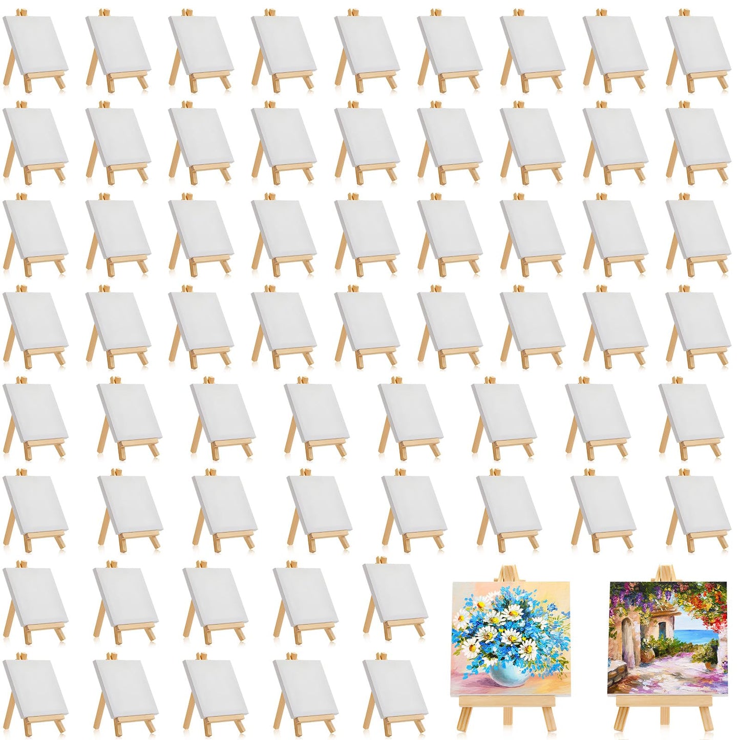 Mimorou 32 Pack Mini Canvas with Easel Sets for Painting Small Art Stretched Canvas Panels Pack with Wood Display Easel for Classroom Crafts, Art Projects, Birthday Paint Party Favors (6 x 6 Inch)