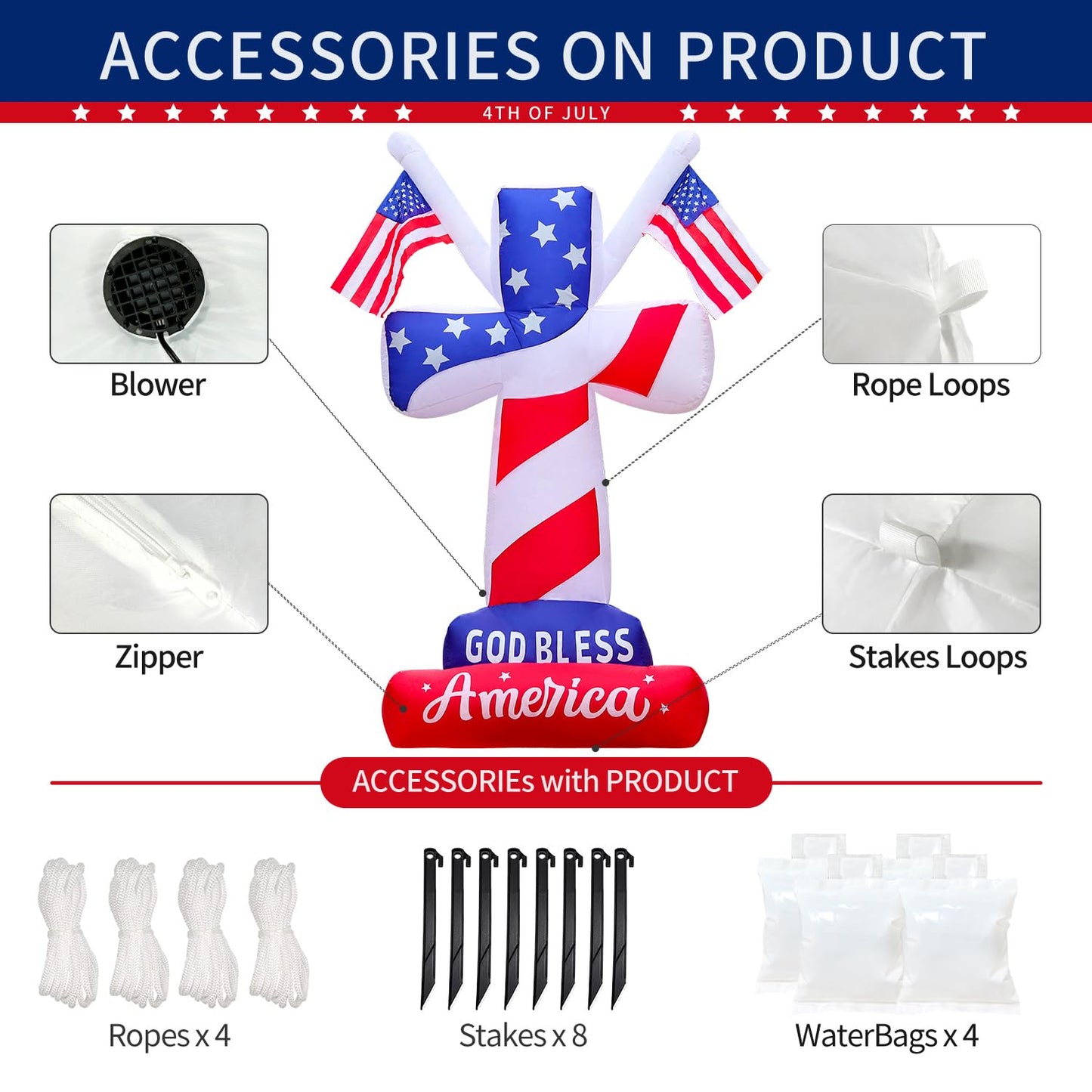 DomKom 6FT Patriotic Independence Day 4th of July Memorial Day Inflatable Outdoor Decoration, Cross with American Flags, LED Lights Holiday Blow Up for Fourth of July Party Garden Yard Lawn Decor