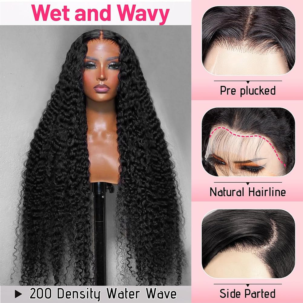 LYILYI 200 density 13x6 Water Wave Lace Front Wigs Human Hair Pre Plucked Glueless Wigs Human Hair Deep Cury HD Transparent 13x6 Full Lace Frontal Wigs Brazilian Virgin Hair Wigs Natural Black 28inch