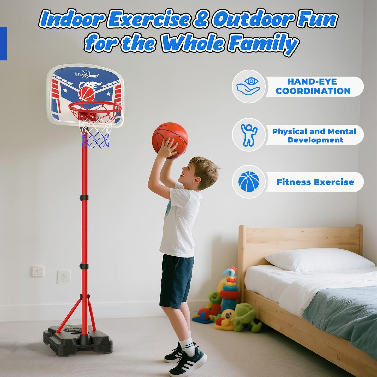 EagleStone Mini Basketball Hoop for Door & Wall, Foldable Rim with 3 Balls and Pump, Indoor Basketball Toy Game Set for Kids Adults, Bedroom Office Sports Gift (Red Blue)